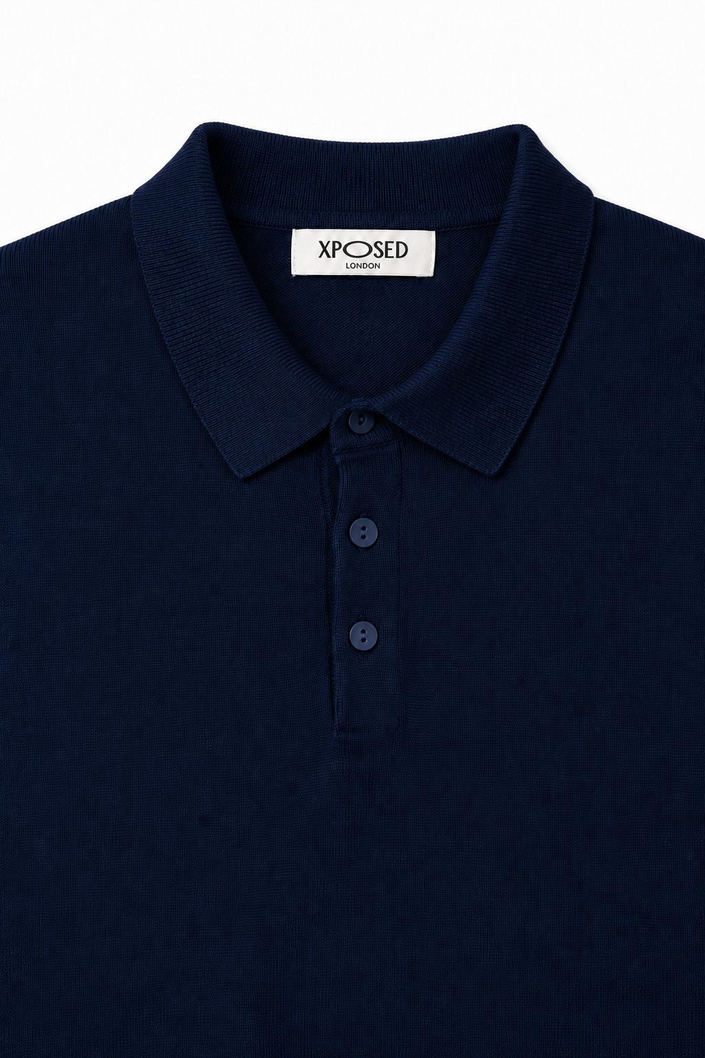 Men's Navy 100% Cotton Fine Knit Button Neck Polo Jumper CAVANI