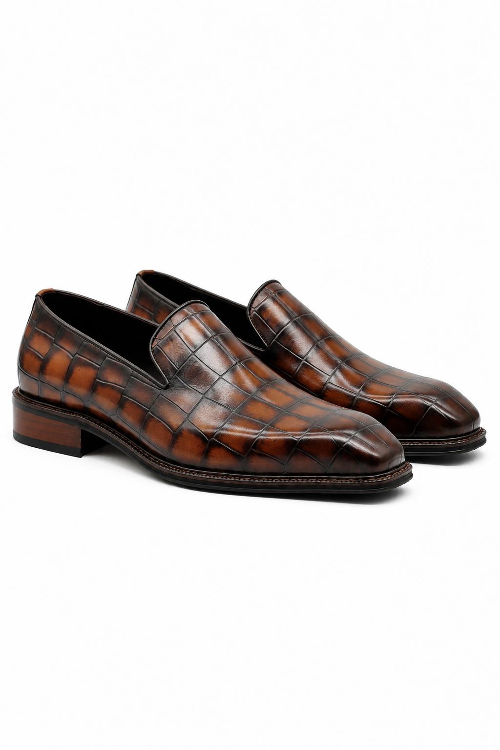 ELBA Men’s Tan Croc Embossed Leather Chisel Toe Loafers Sartorial Shoes
