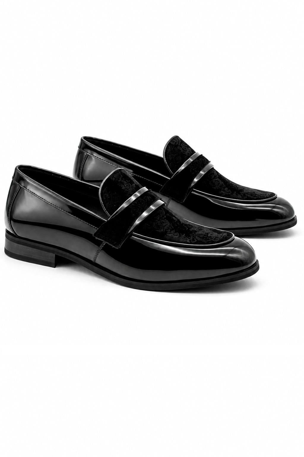 Men's Black Floral Velvet Patent Dress Loafers Sartorial Shoes