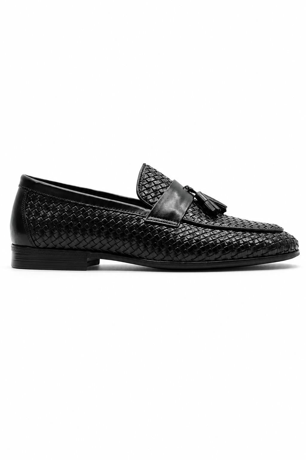 DIVO Men’s Black Handmade Woven Leather Tassel Loafers Sartorial Shoes