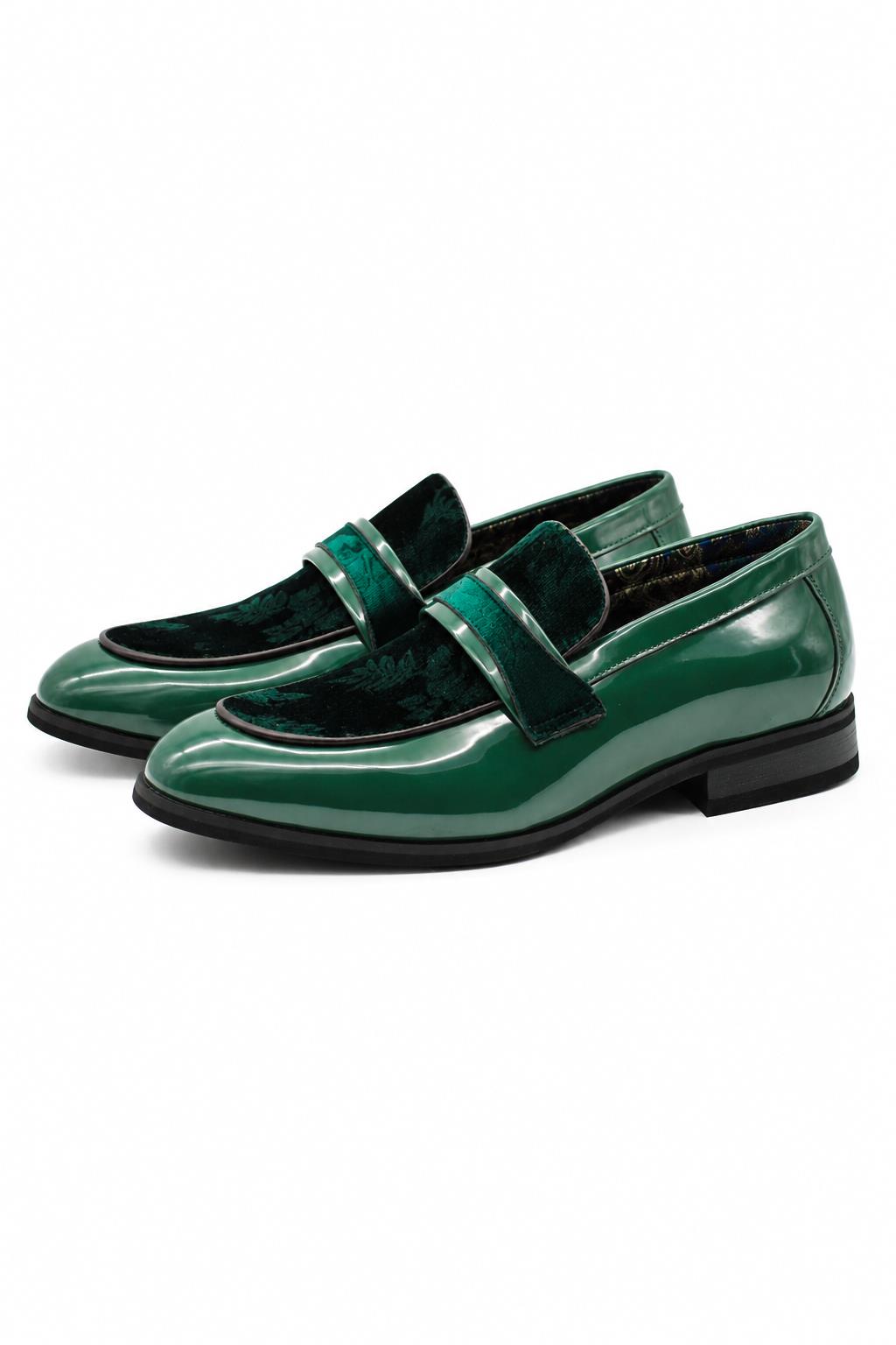 Men's Green Floral Velvet Patent Dress Loafers Sartorial Shoes