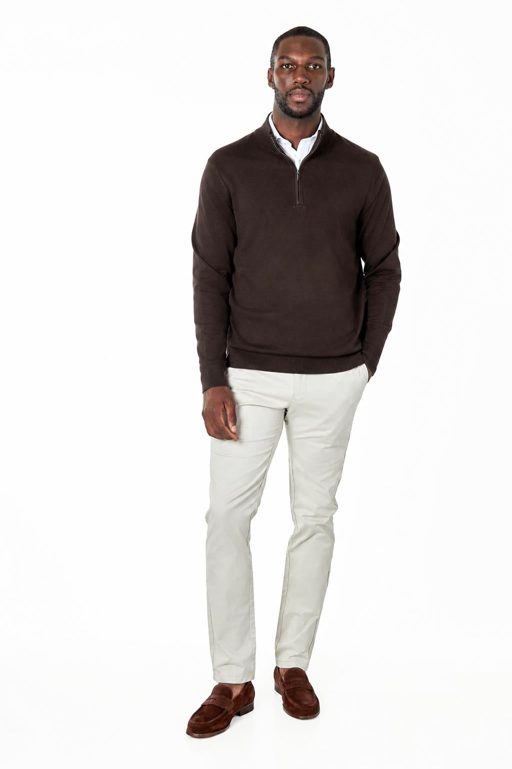 Men's Dark Brown 100% Cotton Fine Knit Quarter Zip Funnel Neck Jumper CAVANI