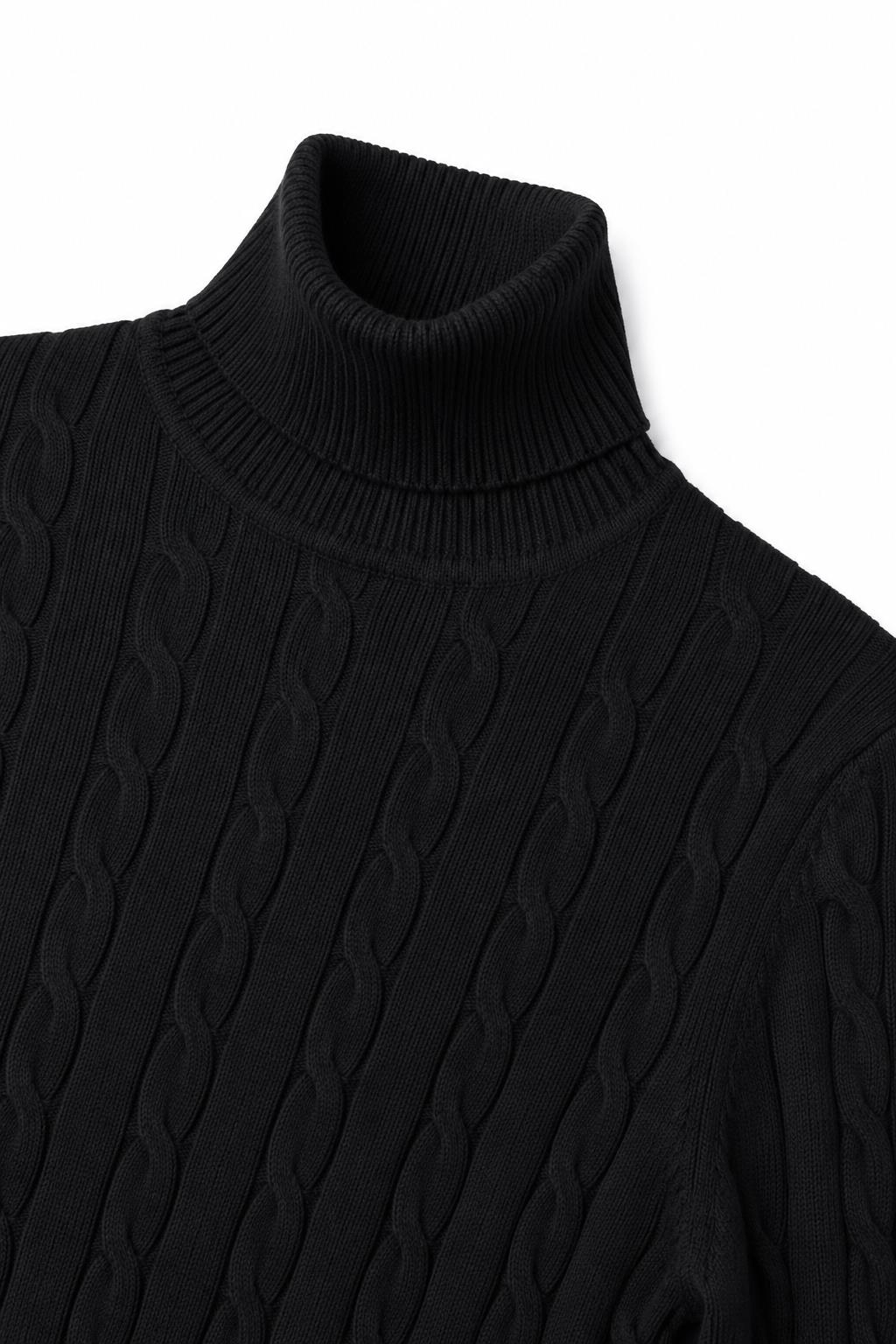 Men's Black 100% Cotton Fine Cable Knit Roll Neck Jumper CAVANI