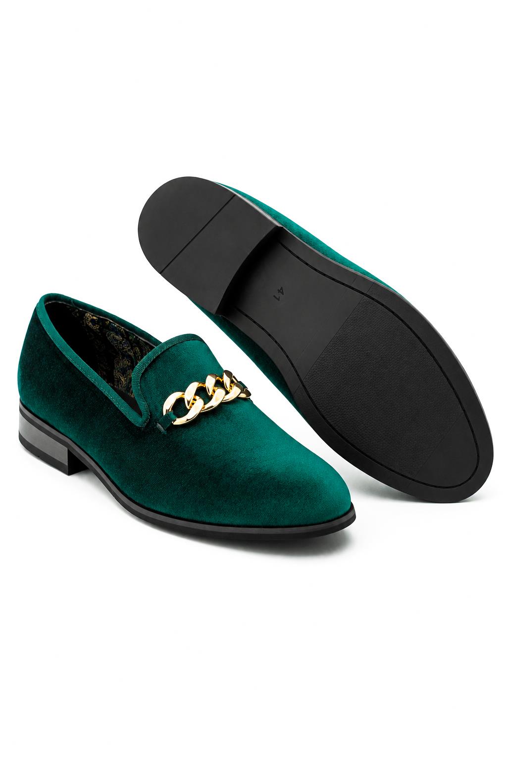 Men's Green Smooth Velvet Gold Chain Dress Loafers Sartorial Shoes