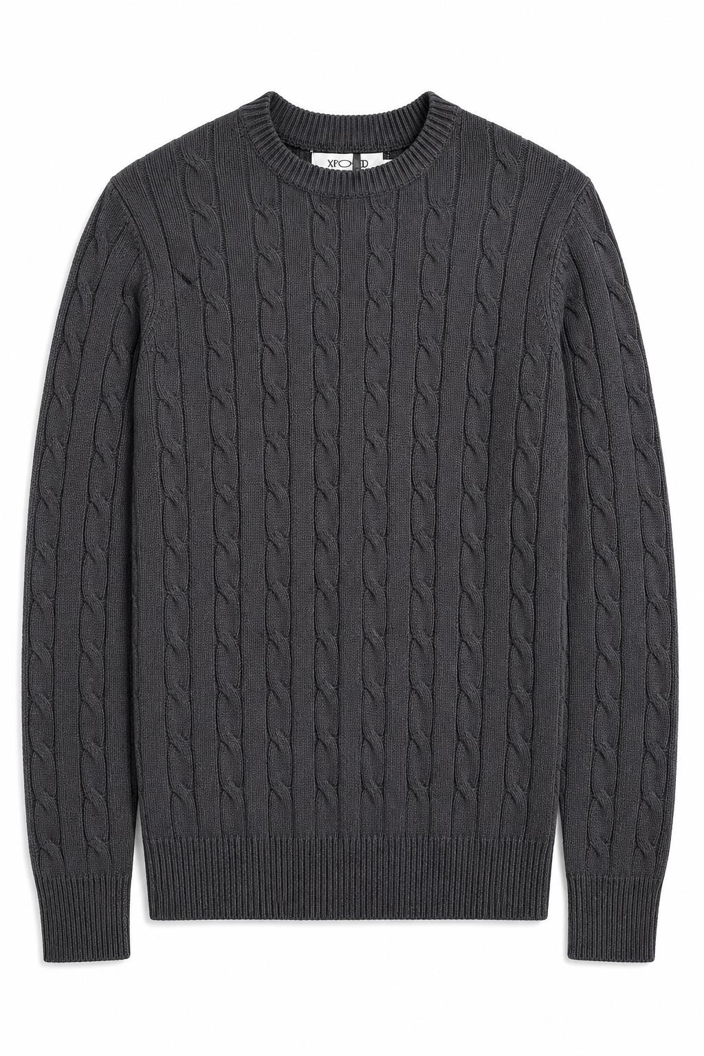 Men's Charcoal Grey 100% Cotton Fine Cable Knit Crew Neck Jumper CAVANI