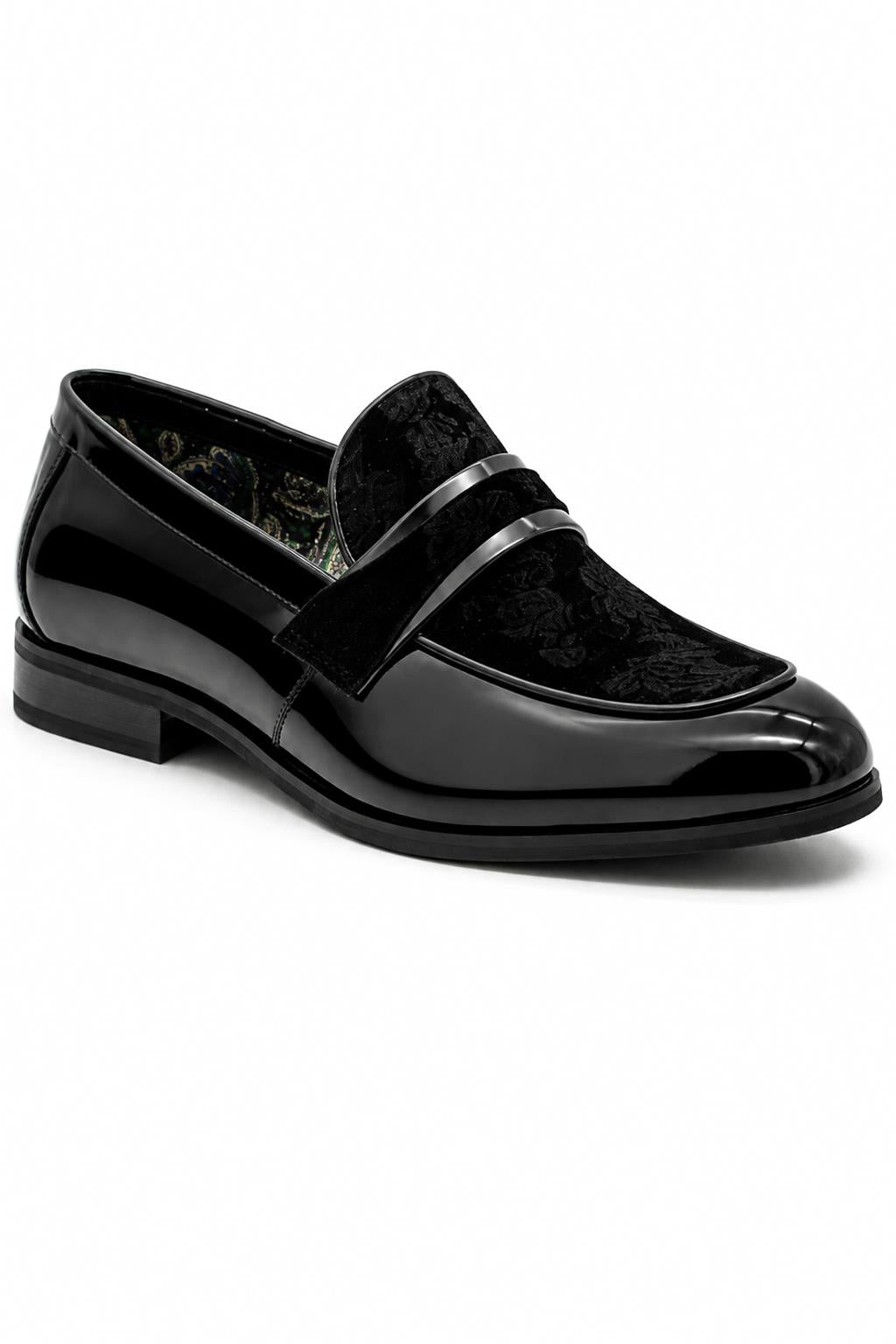 Men's Black Floral Velvet Patent Dress Loafers Sartorial Shoes