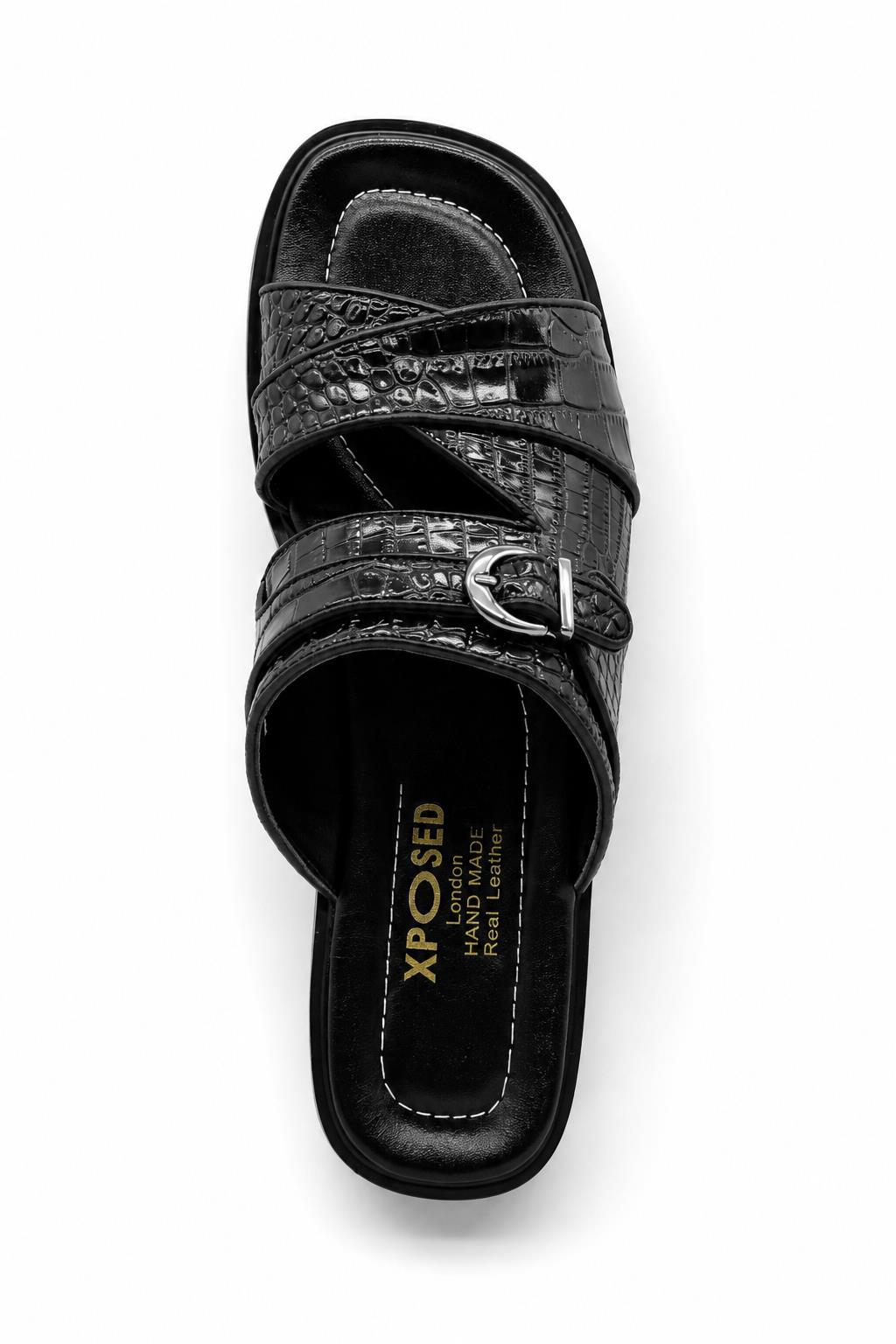 Men’s Ade 2 Black Handmade Real Leather Embossed Sandals Sartorial Shoes