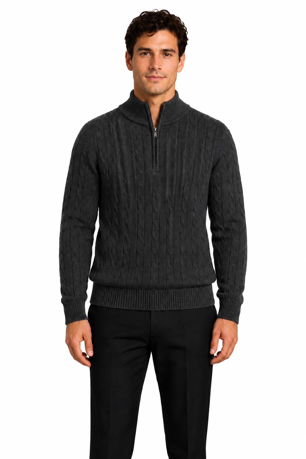 Men's Charcoal Grey 100% Cotton Fine Cable Knit Quarter Zip Neck Jumper CAVANI
