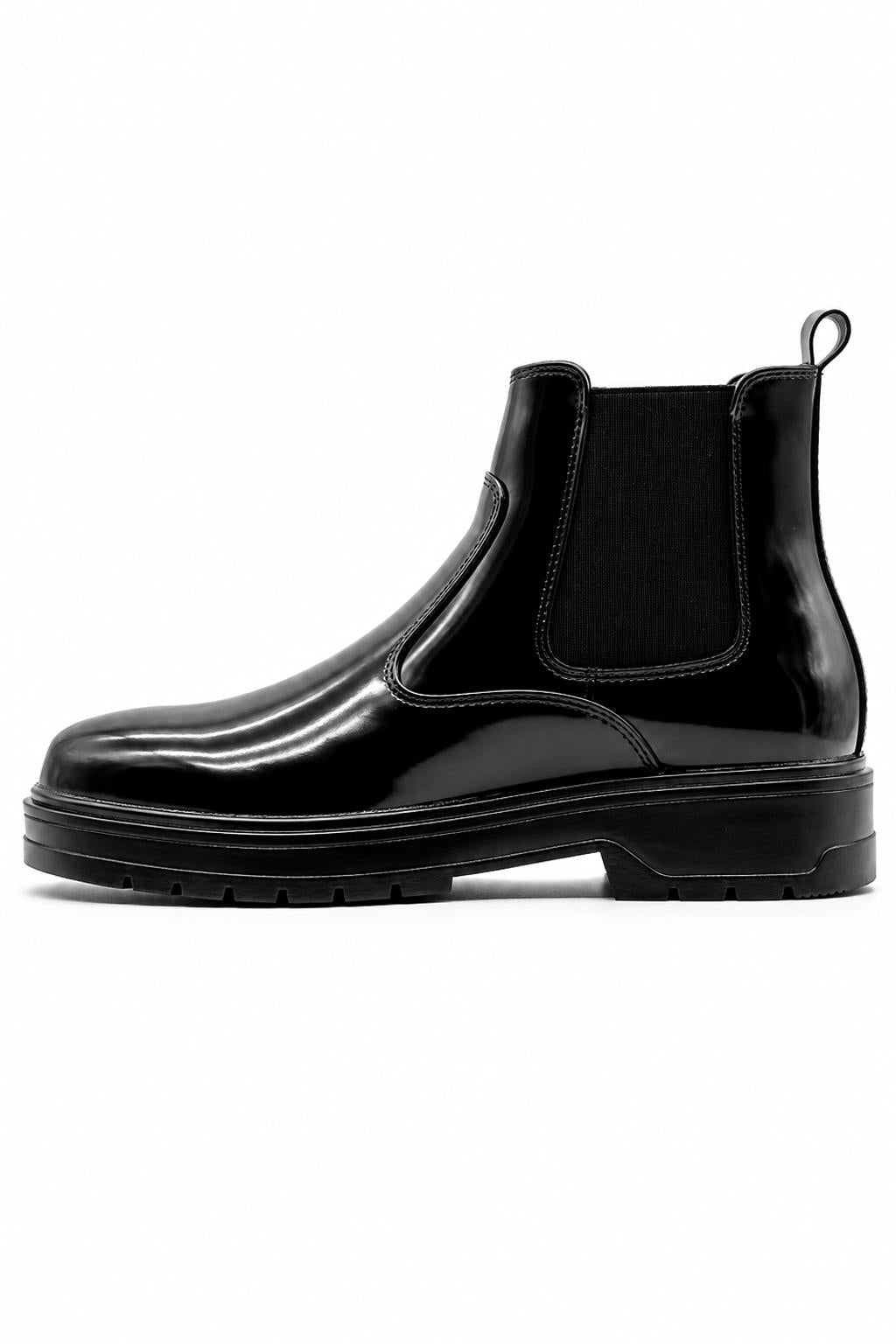 Men's Black Patent Faux Leather Retro Chelsea Boots Lug Sole Sartorial Shoes