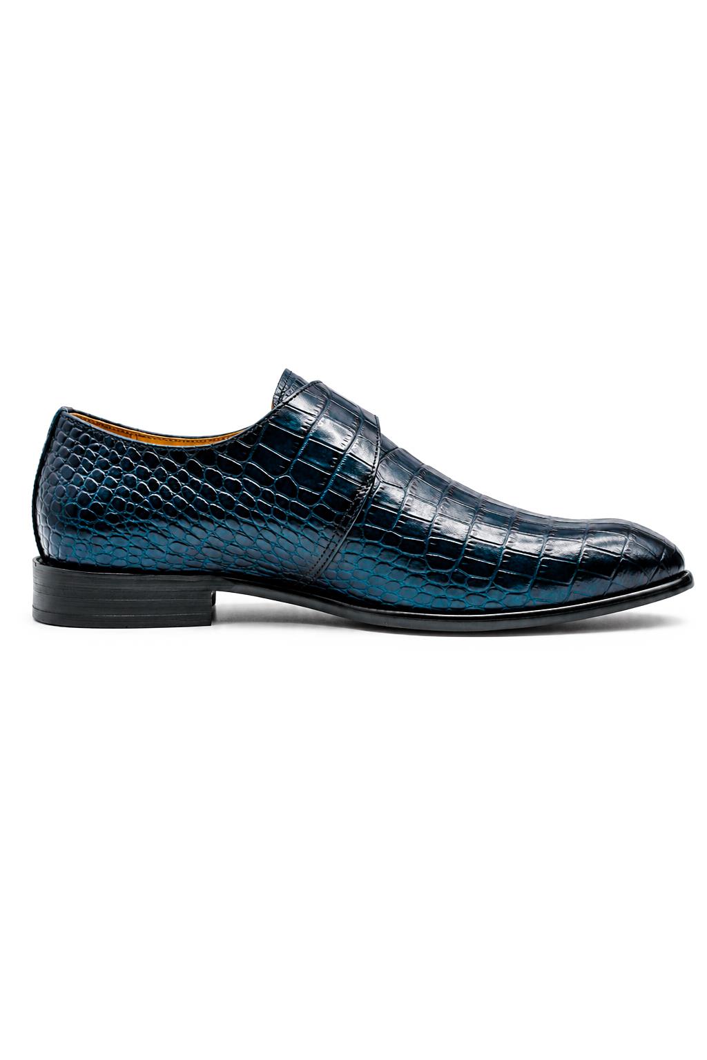 VALE Men’s Dark Blue Croc-Embossed Leather Monk Strap Shoes Sartorial Shoes