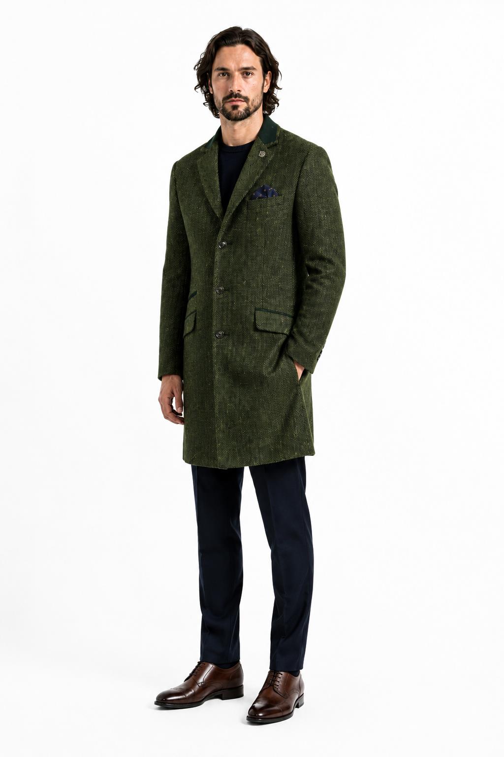 Men's Olive Green Herringbone Wool Blend Tailored Fit Overcoat CAVANI