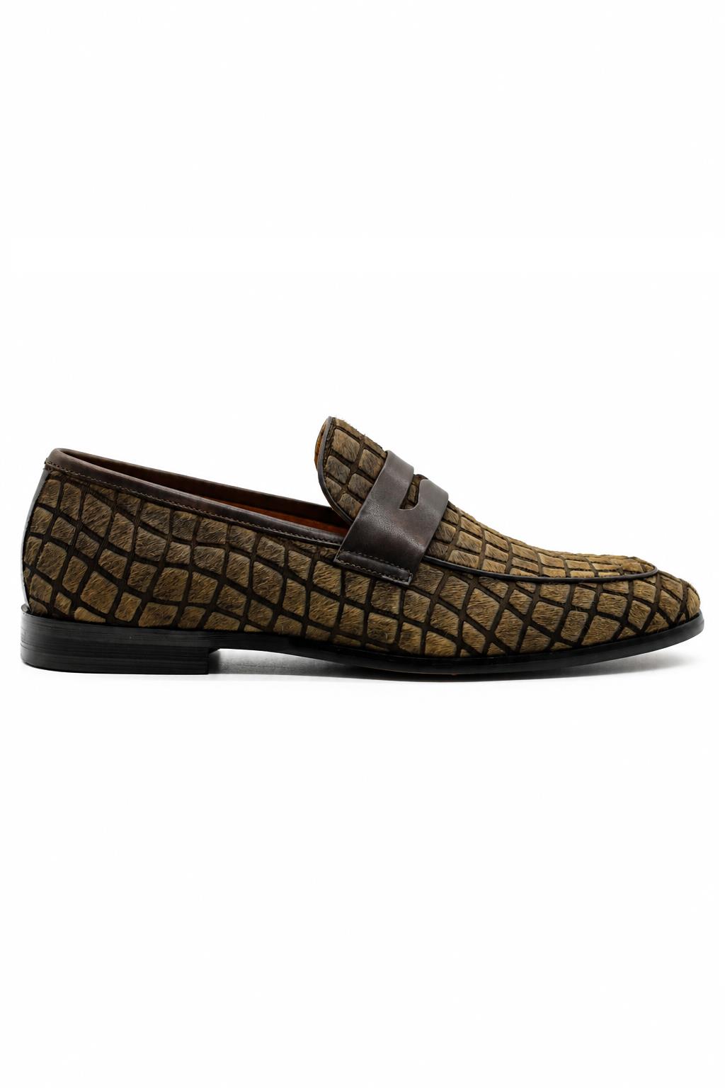 GINO Men’s Brown Patterned Horse Hair Leather Penny Loafers Sartorial Shoes