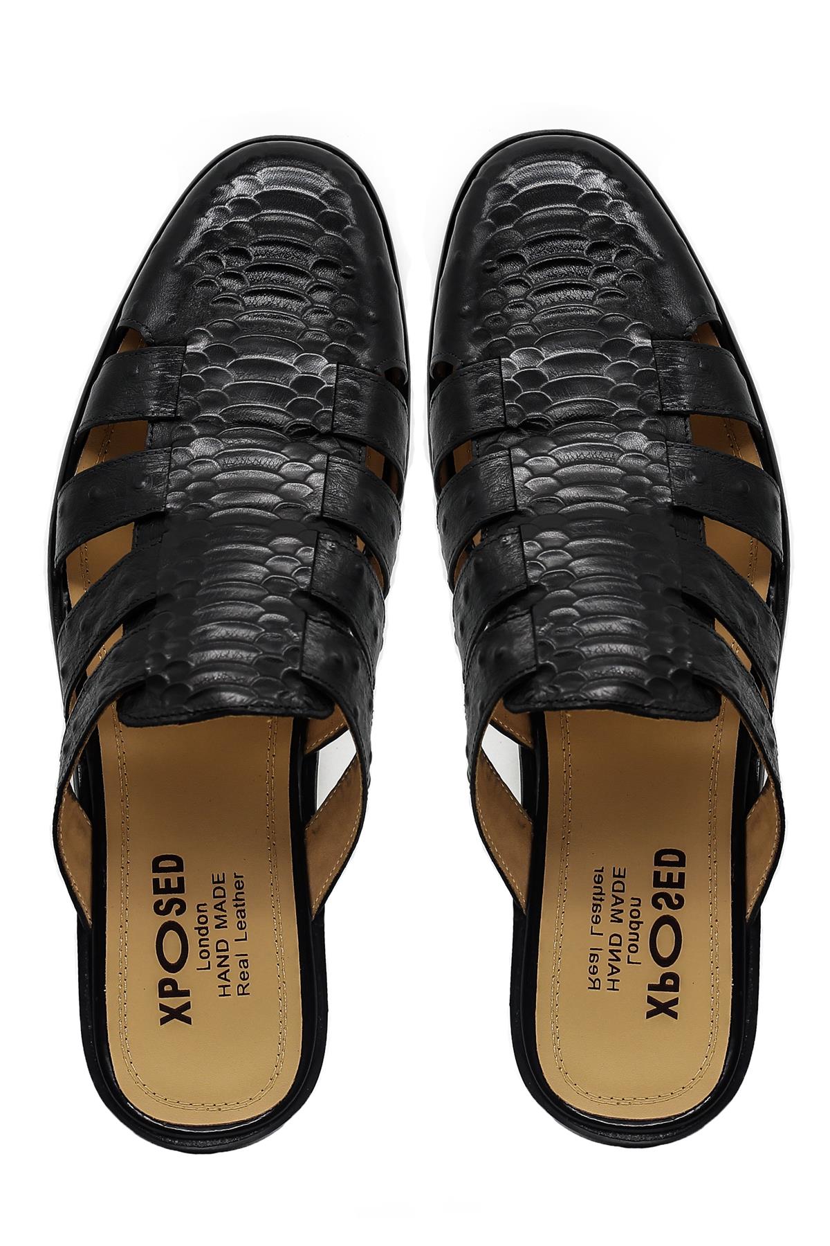 Men’s Essa Black Real Leather Mule Sandals Sartorial Shoes