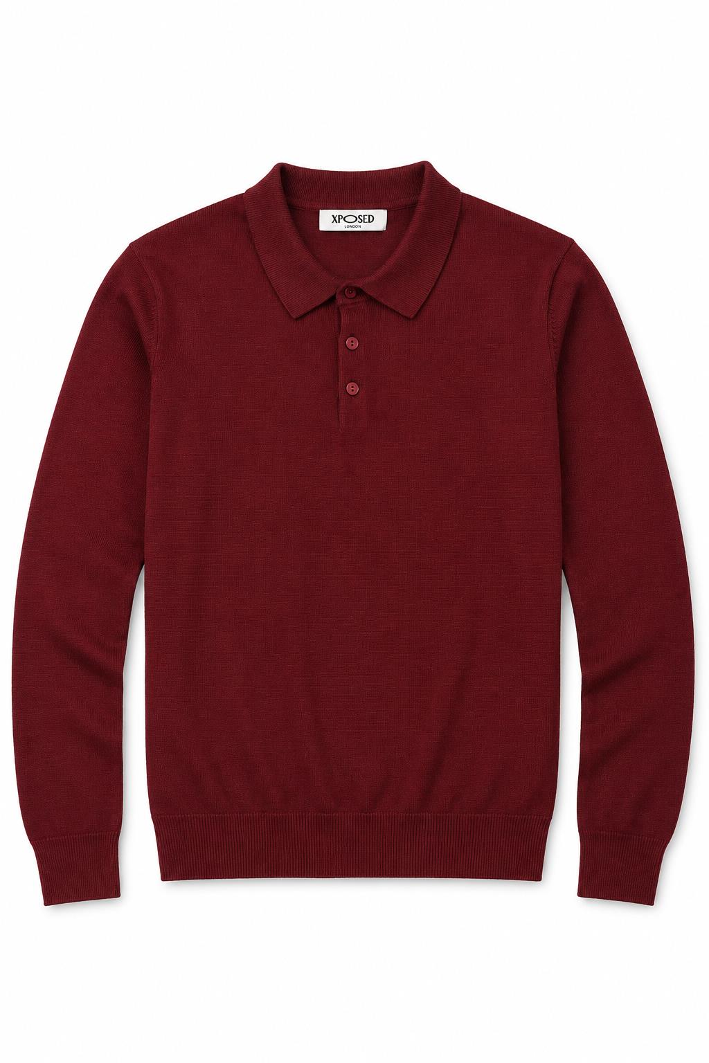 Men's Maroon 100% Cotton Fine Knit Button Neck Polo Jumper CAVANI