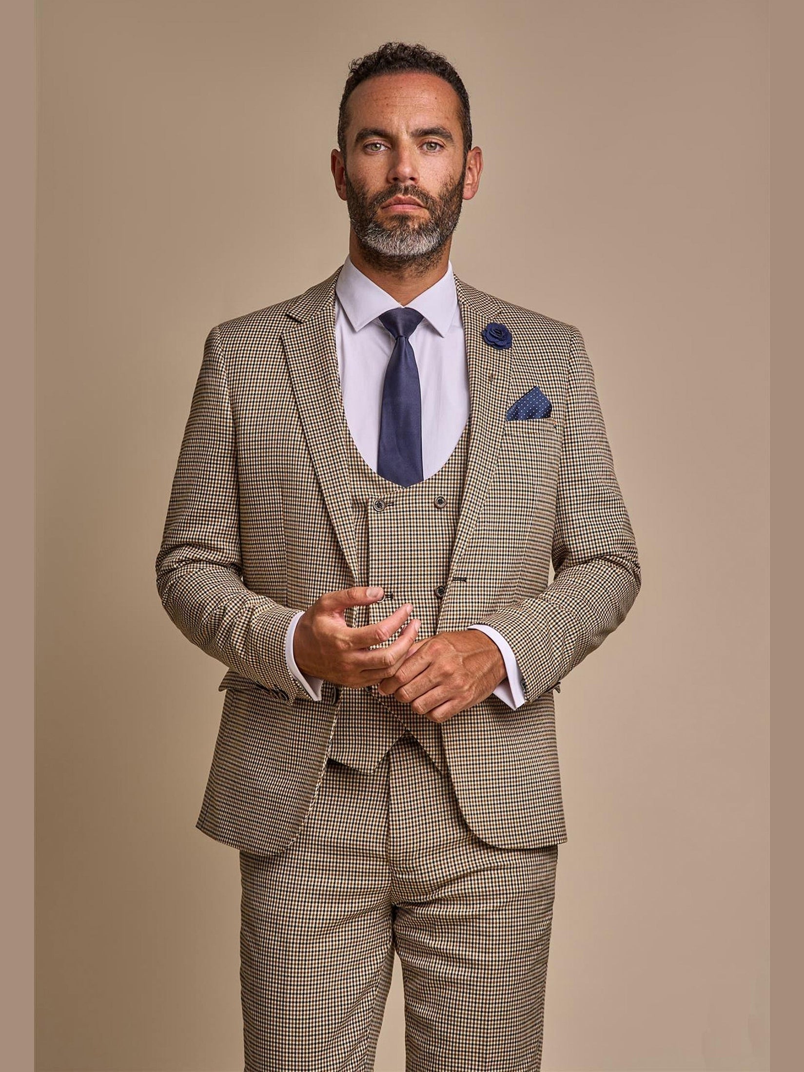 MENS ELWOOD HOUNDSTOOTH TAN THREE PIECE SUIT CAVANI
