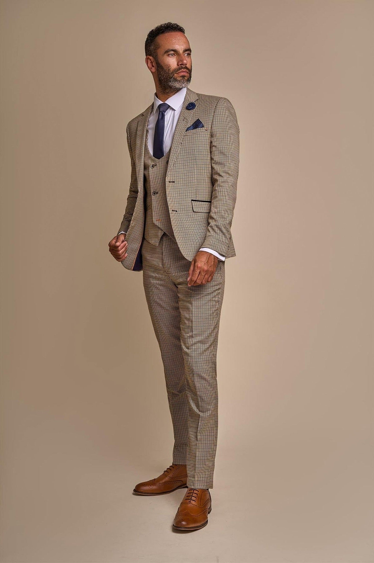 MENS ELWOOD HOUNDSTOOTH TAN THREE PIECE SUIT CAVANI