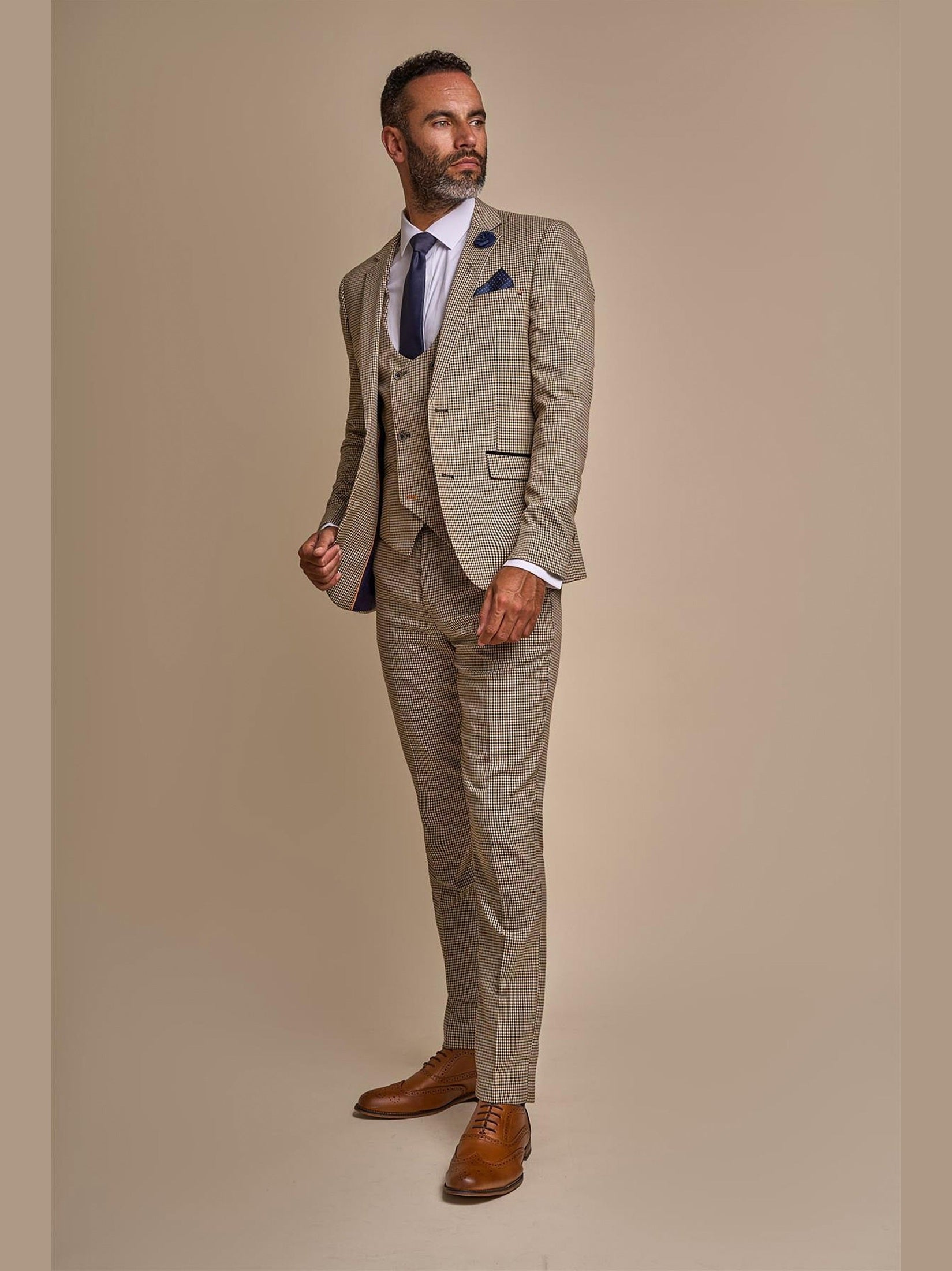 MENS ELWOOD HOUNDSTOOTH TAN THREE PIECE SUIT CAVANI