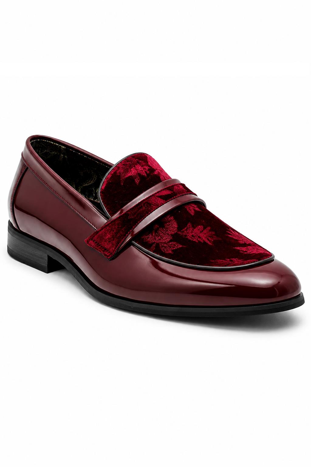 Men's Maroon Floral Velvet Patent Dress Loafers Sartorial Shoes