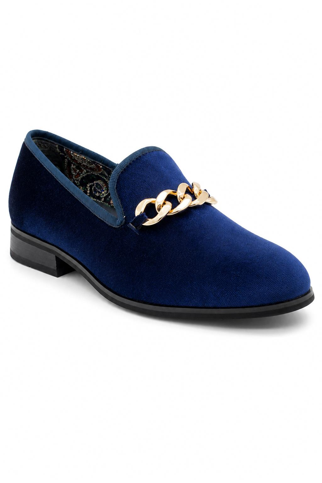 Men's Navy Smooth Velvet Gold Chain Dress Loafers Sartorial Shoes