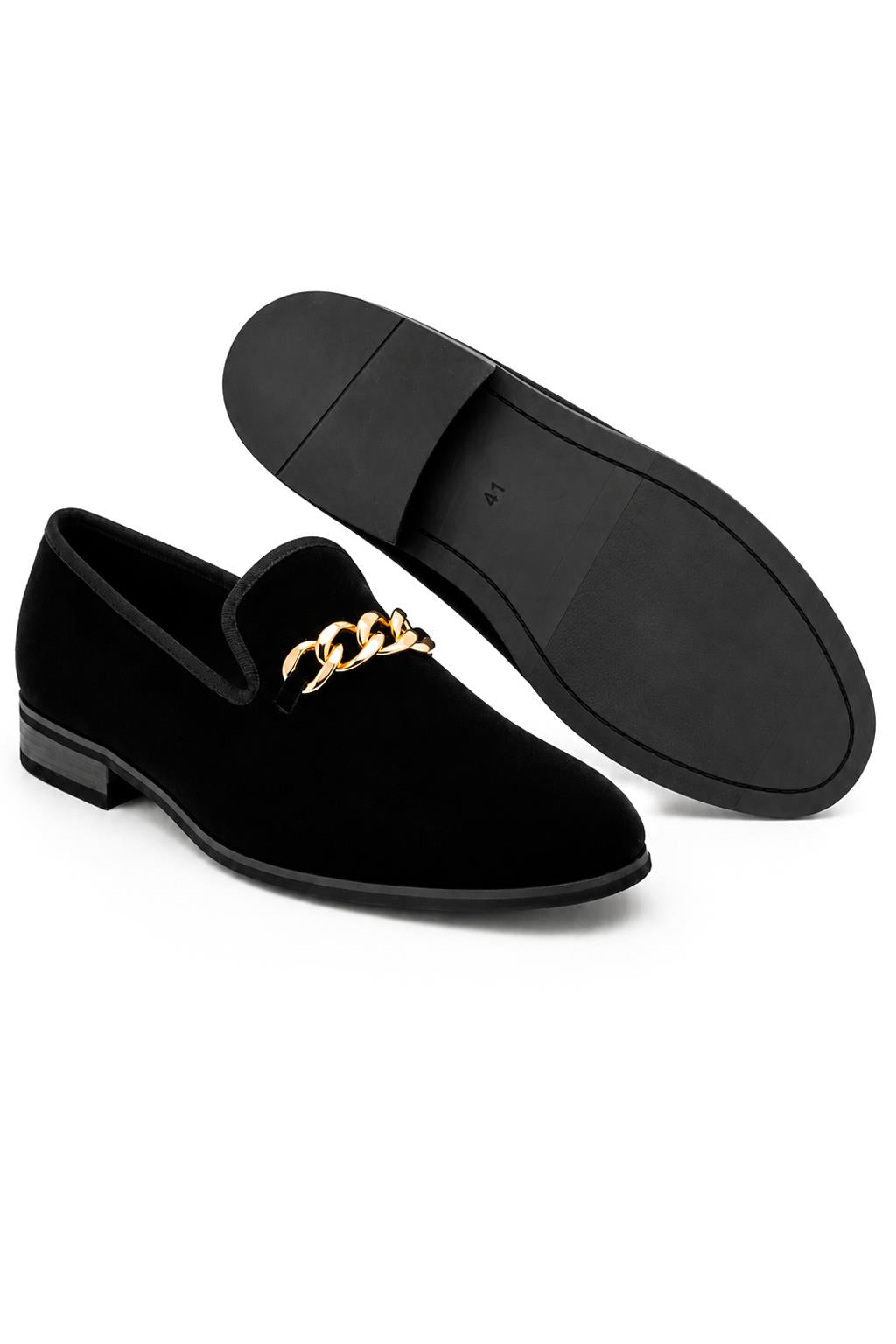 Men's Black Smooth Velvet Gold Chain Dress Loafers Sartorial Shoes