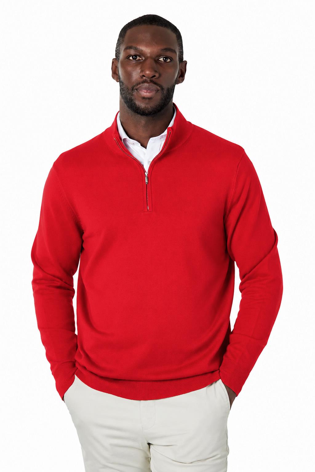 Men's Red 100% Cotton Fine Knit Quarter Zip Funnel Neck Jumper CAVANI