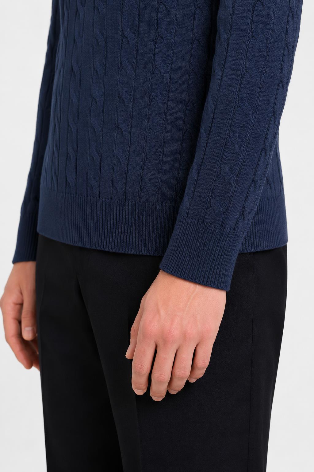Men's Navy 100% Cotton Fine Cable Knit Roll Neck Jumper CAVANI