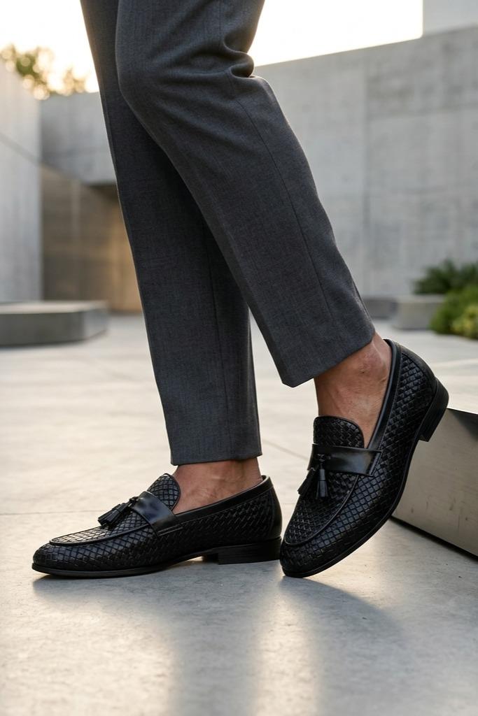 DIVO Men’s Black Handmade Woven Leather Tassel Loafers Sartorial Shoes