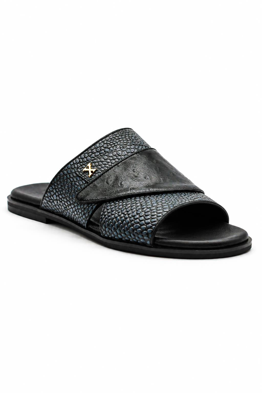 Men's Black & Grey Handmade Real Leather Open Front Slide Sandals Sartorial Shoes