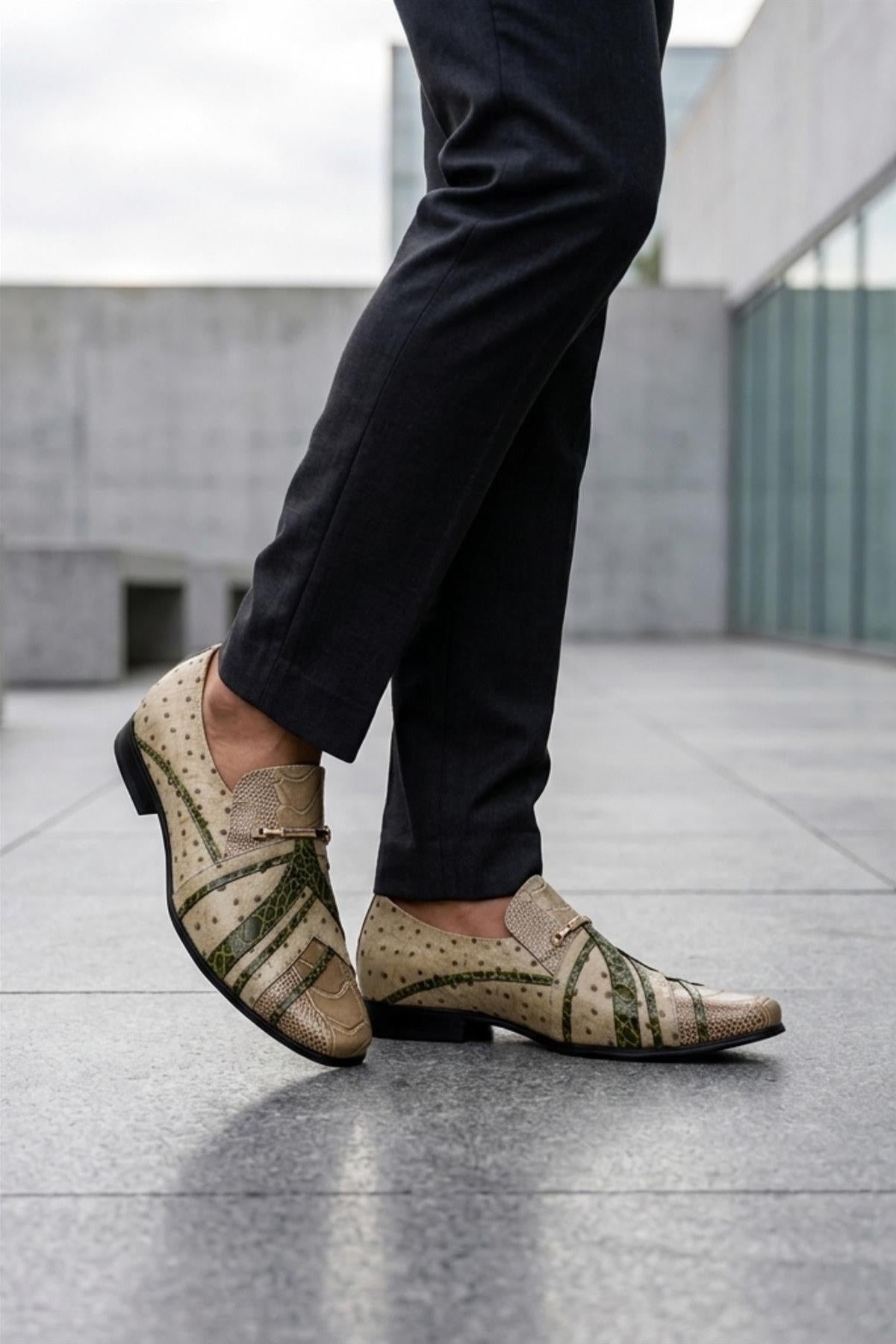 Men’s Cream & Green Snake-Effect Real Leather Loafers Sartorial Shoes