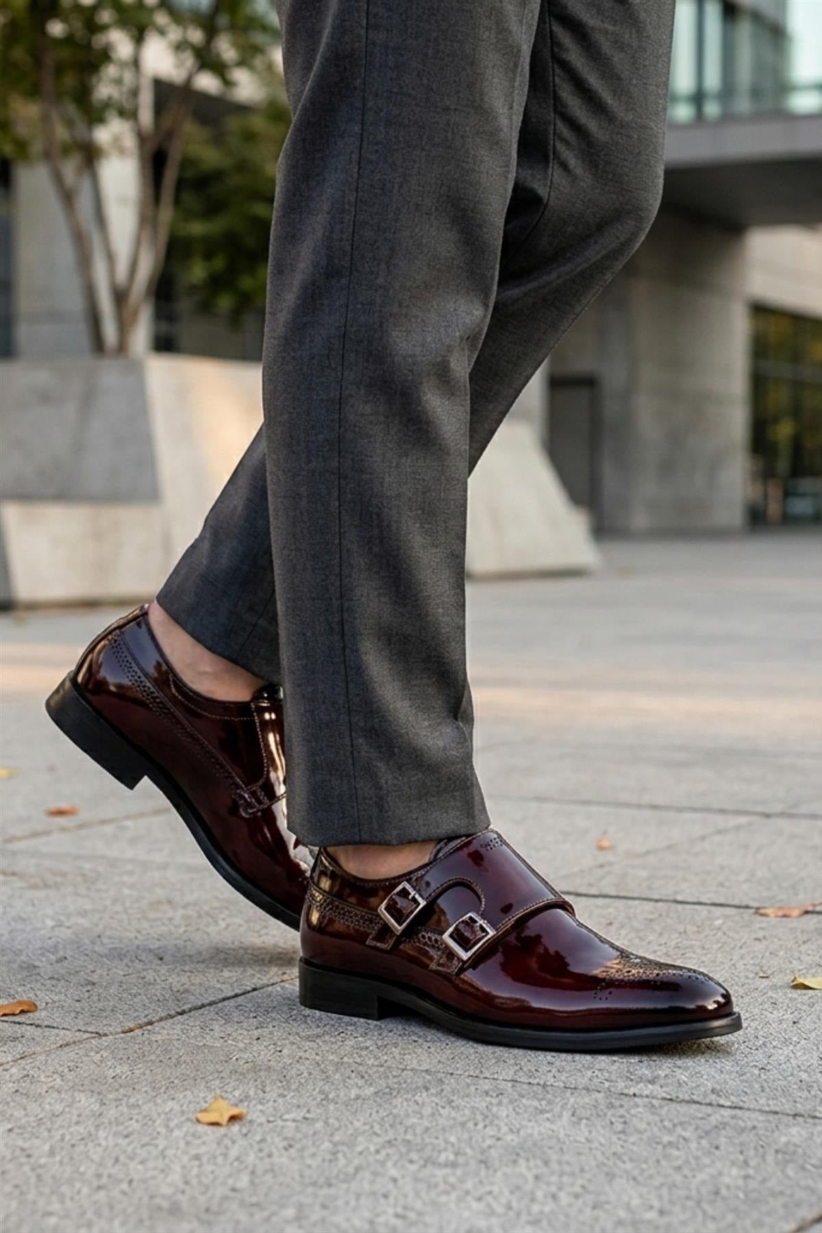 ROAN Men’s Maroon Glossy Patent Leather Monk Strap Dress Shoes Sartorial Shoes