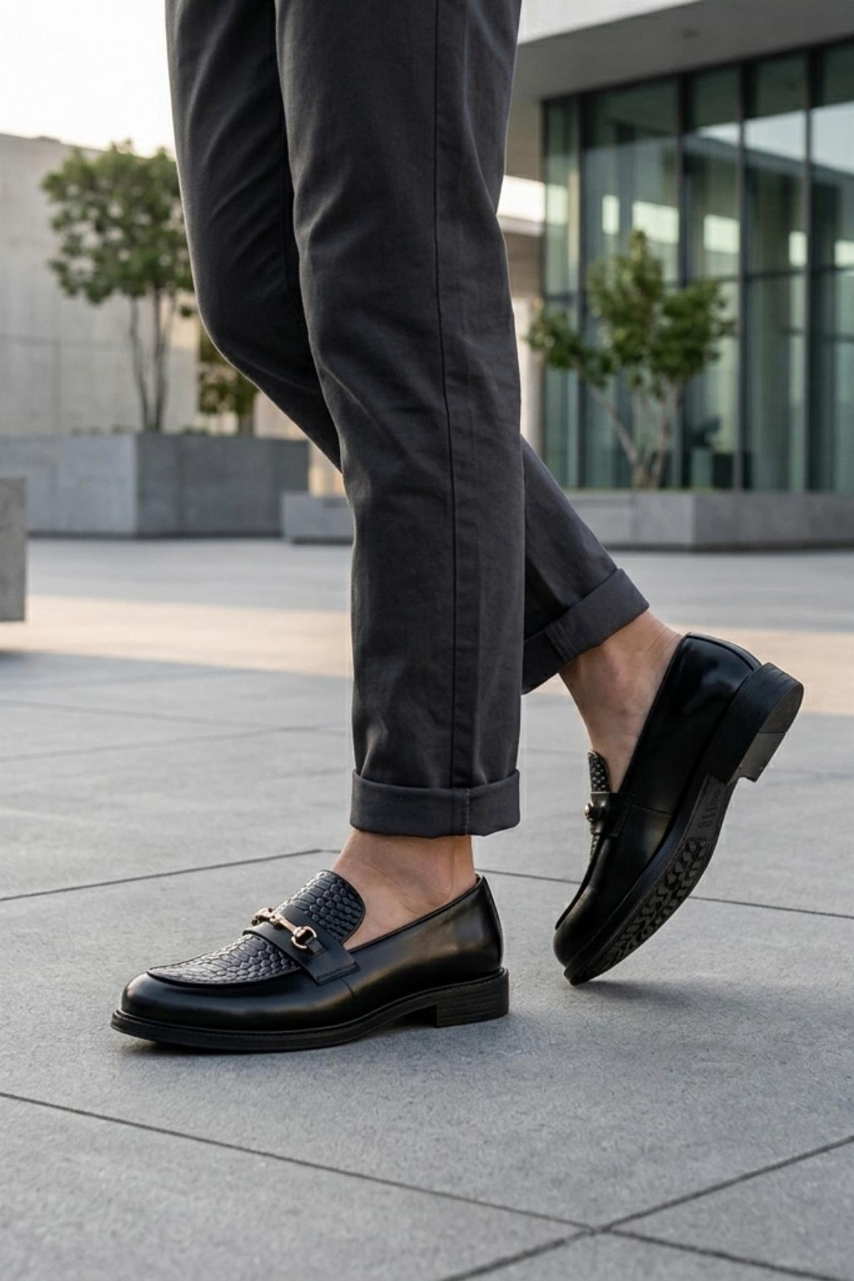 ASCOT Men’s Black Snake-Effect Leather Snaffle Loafers Sartorial Shoes