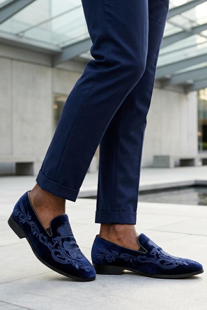 FRED Men’s Navy Blue Embroidered Velvet Party Loafers Sartorial Shoes