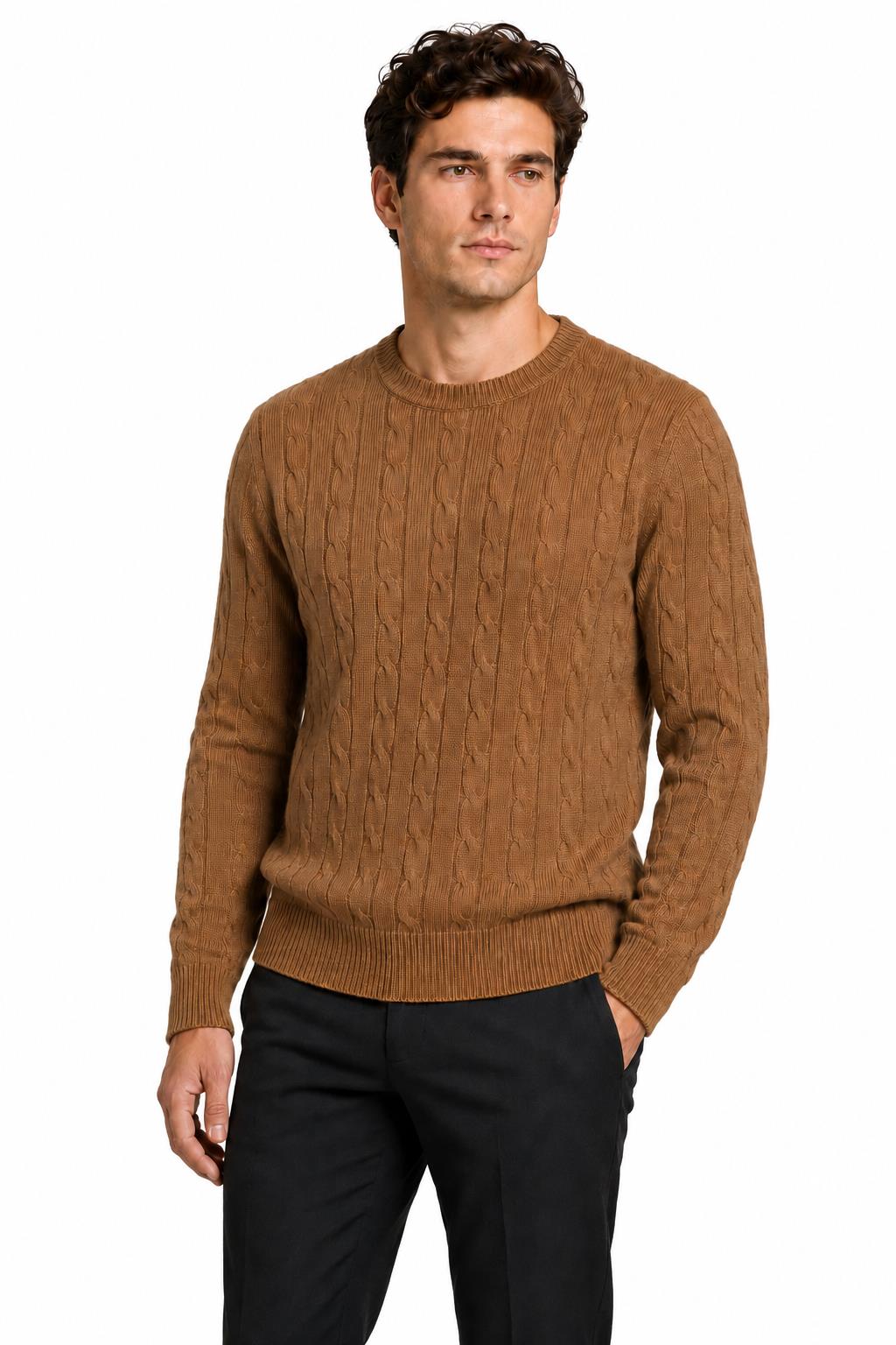 Men's Camel 100% Cotton Fine Cable Knit Crew Neck Jumper CAVANI
