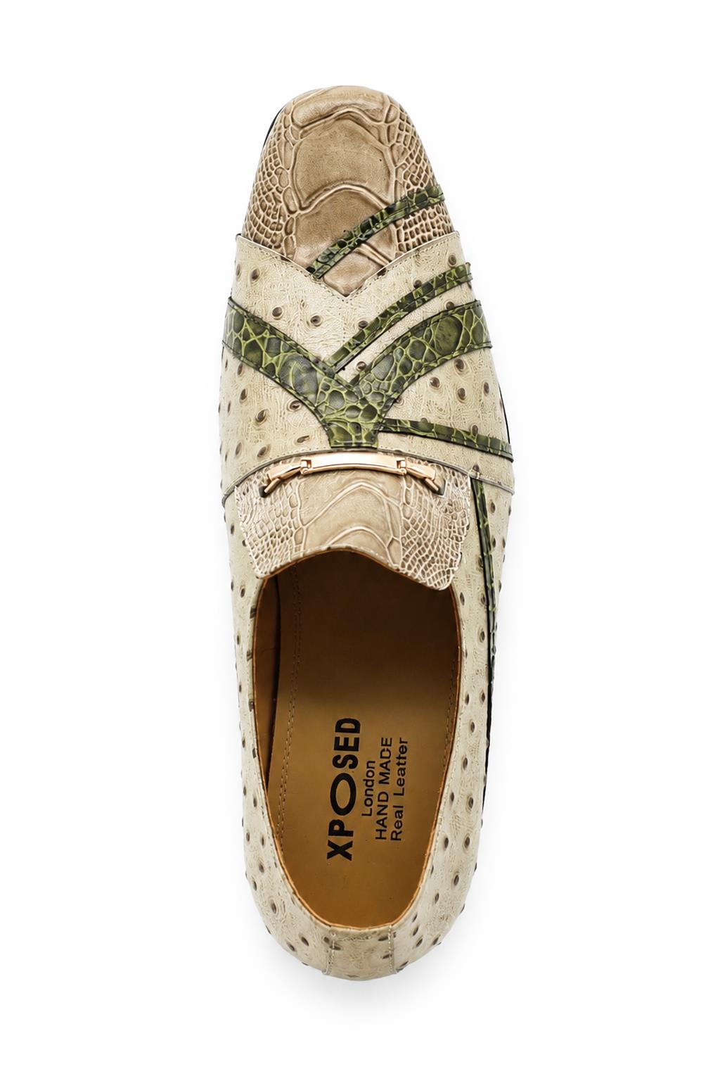 Men’s Cream & Green Snake-Effect Real Leather Loafers Sartorial Shoes