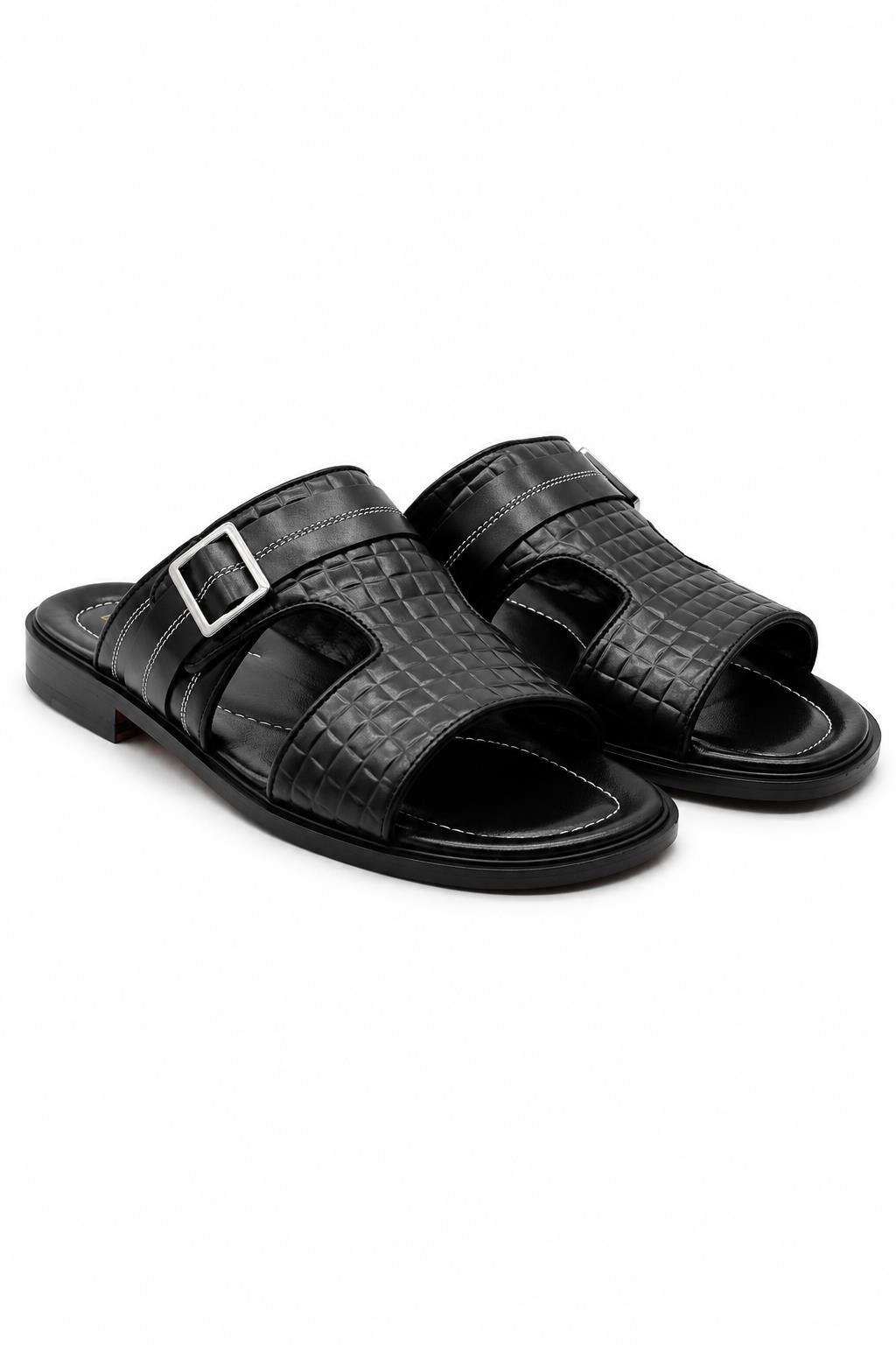 Men's Ade Black Handmade Real Leather Open-Toe Sandals Sartorial Shoes