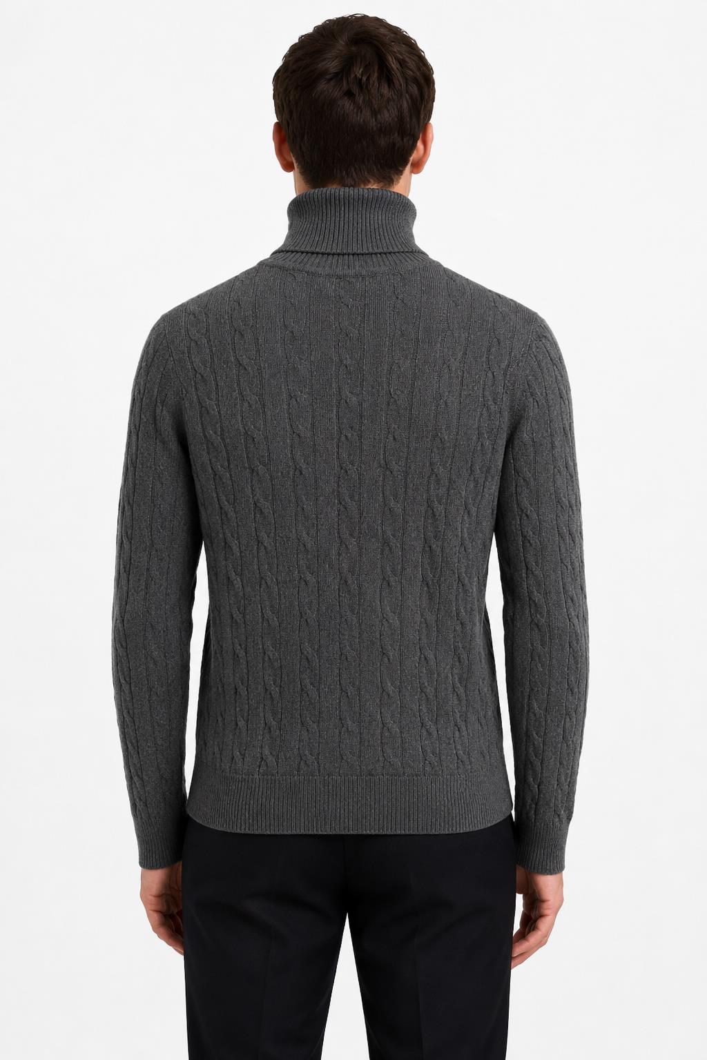 Men's Charcoal Grey 100% Cotton Fine Cable Knit Roll Neck Jumper CAVANI