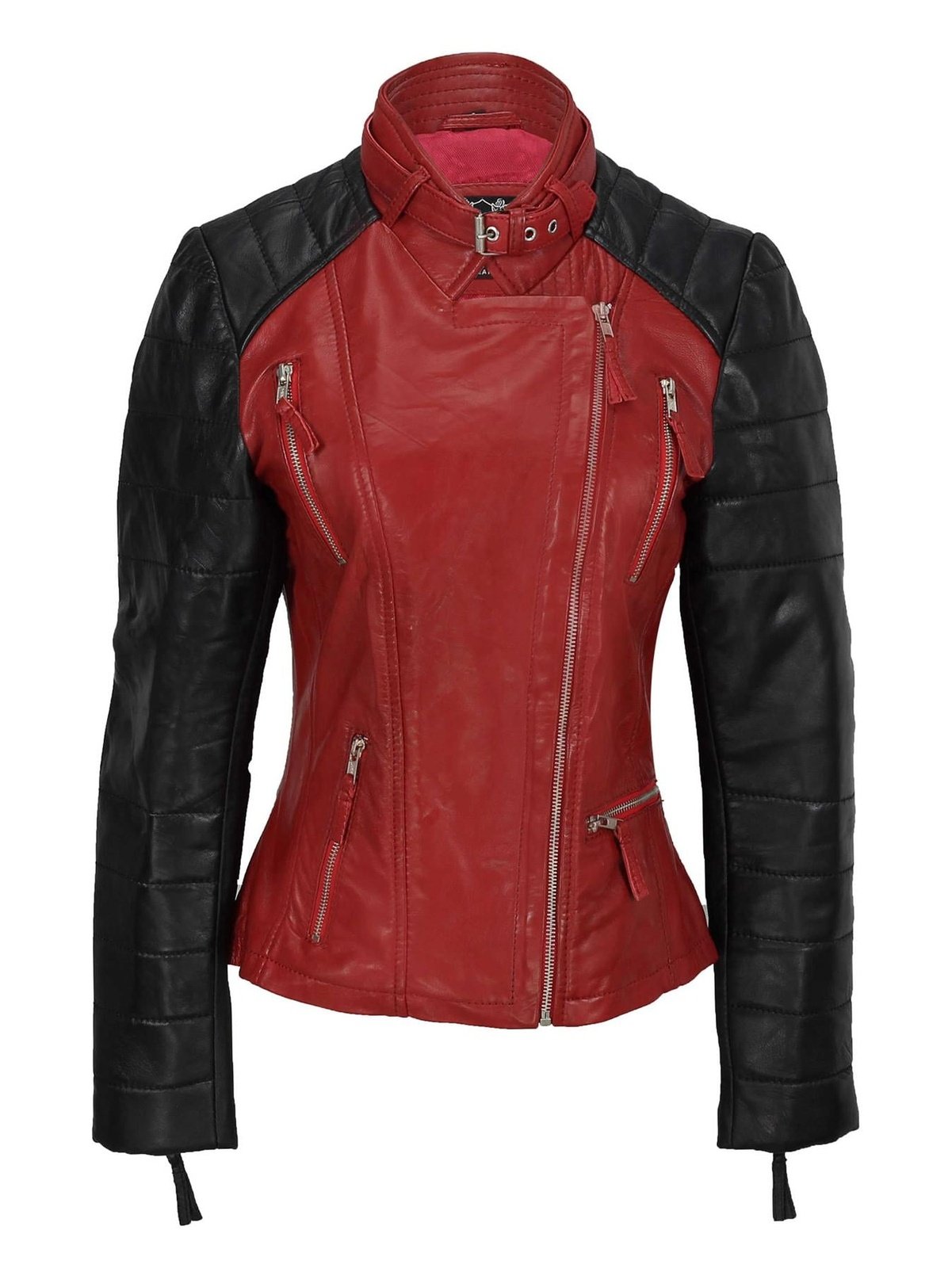 New Ladies Black Red Vintage Soft Genuine Real Leather Biker Jacket Size Fitted