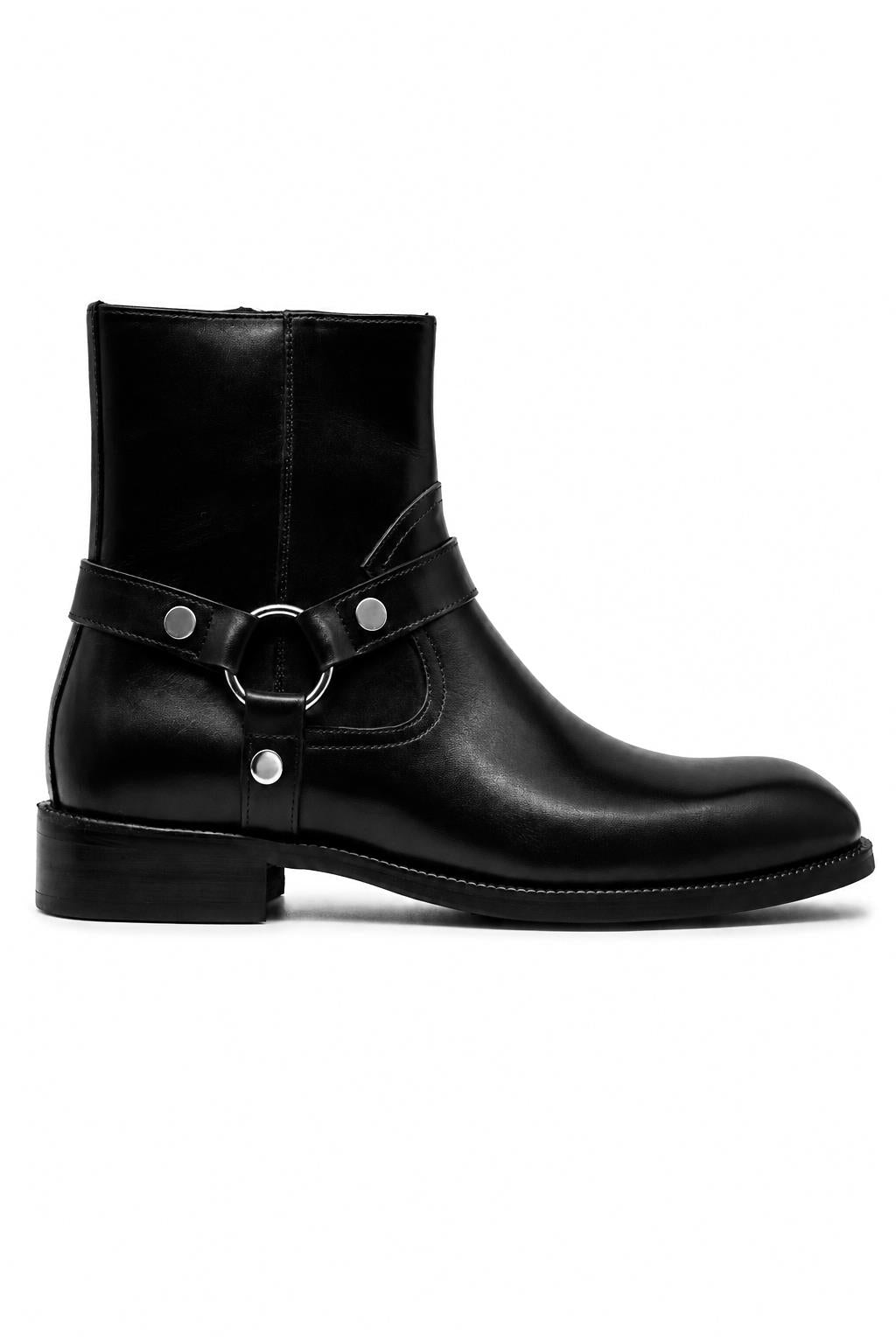 DIEGO Men’s Black Polished Leather Side Zip Ankle Biker Boots Sartorial Shoes