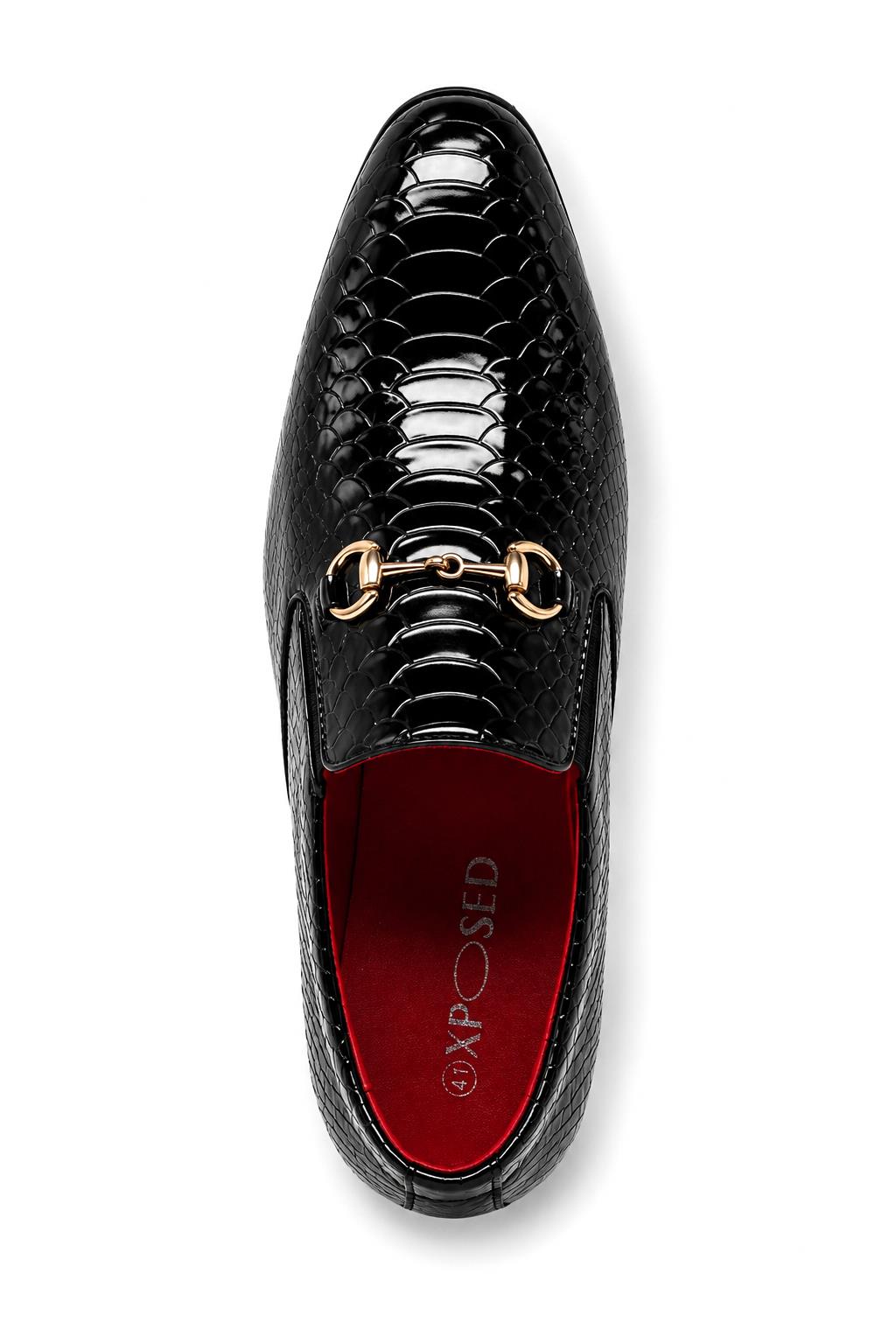 Men’s Black Patent Slip-On Loafers with Gold Snaffle Buckle Sartorial Shoes