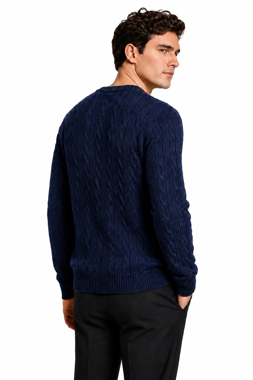 Men's Navy 100% Cotton Fine Cable Knit Crew Neck Jumper CAVANI