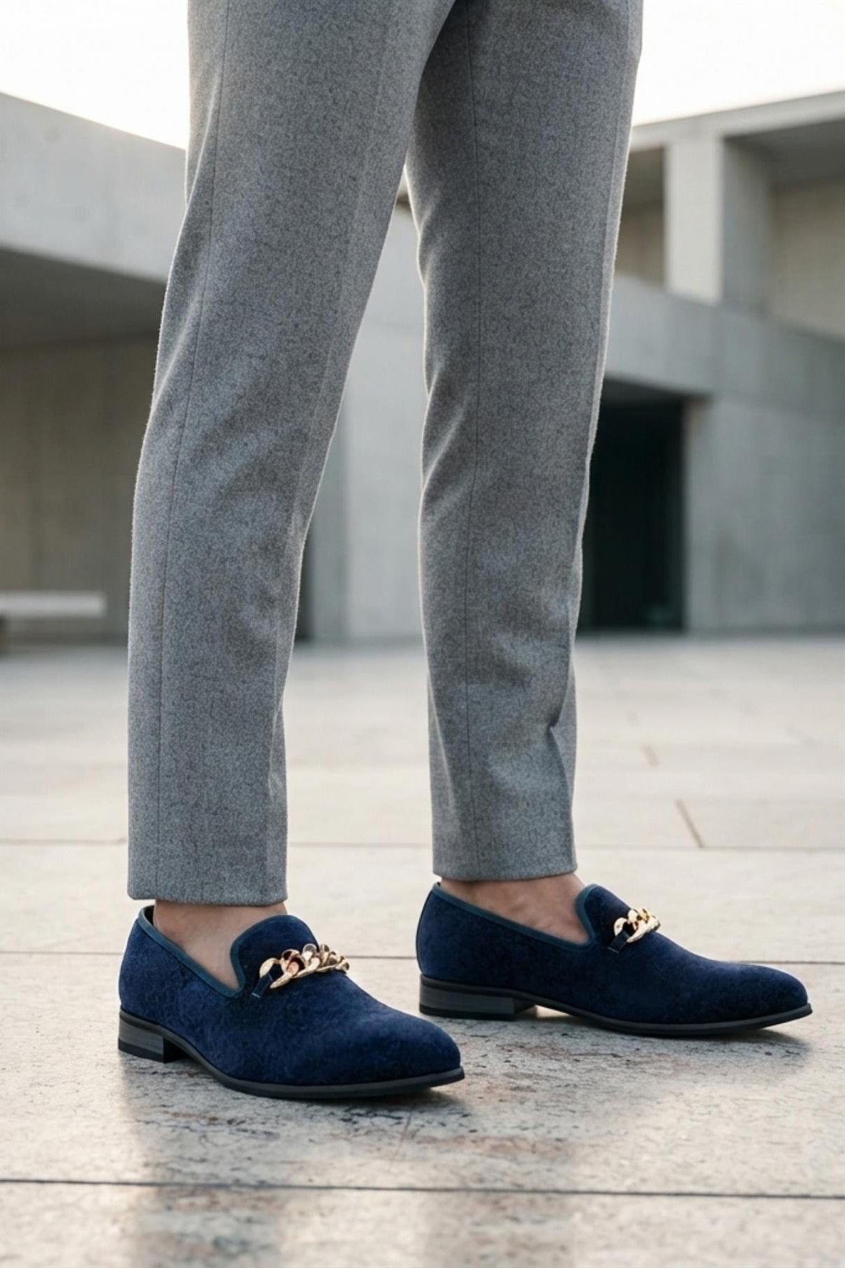 Men's Navy Floral Velvet Gold Chain Wedding Loafers Sartorial Shoes