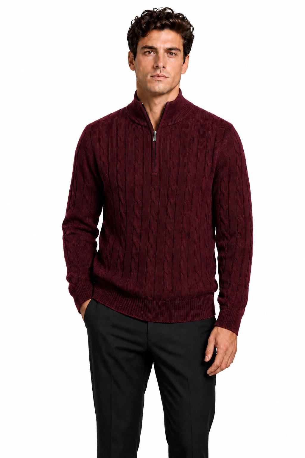 Men's Maroon 100% Cotton Fine Cable Knit Quarter Zip Neck Jumper CAVANI