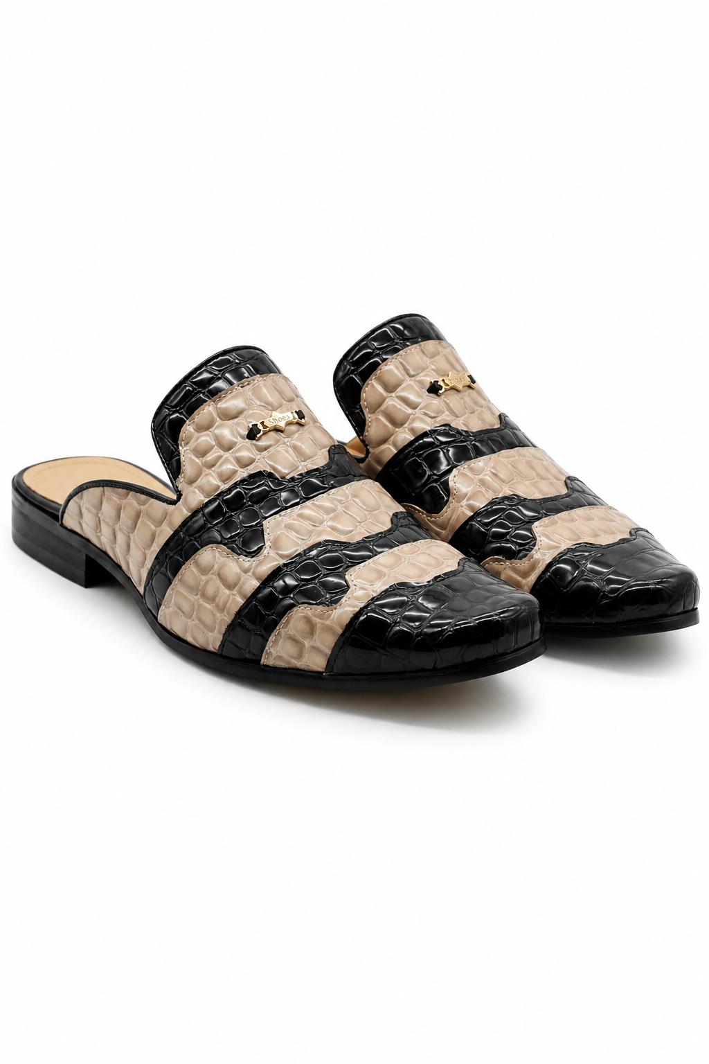 Men’s Black & Beige Shiny Patent Print Half Shoes Sartorial Shoes