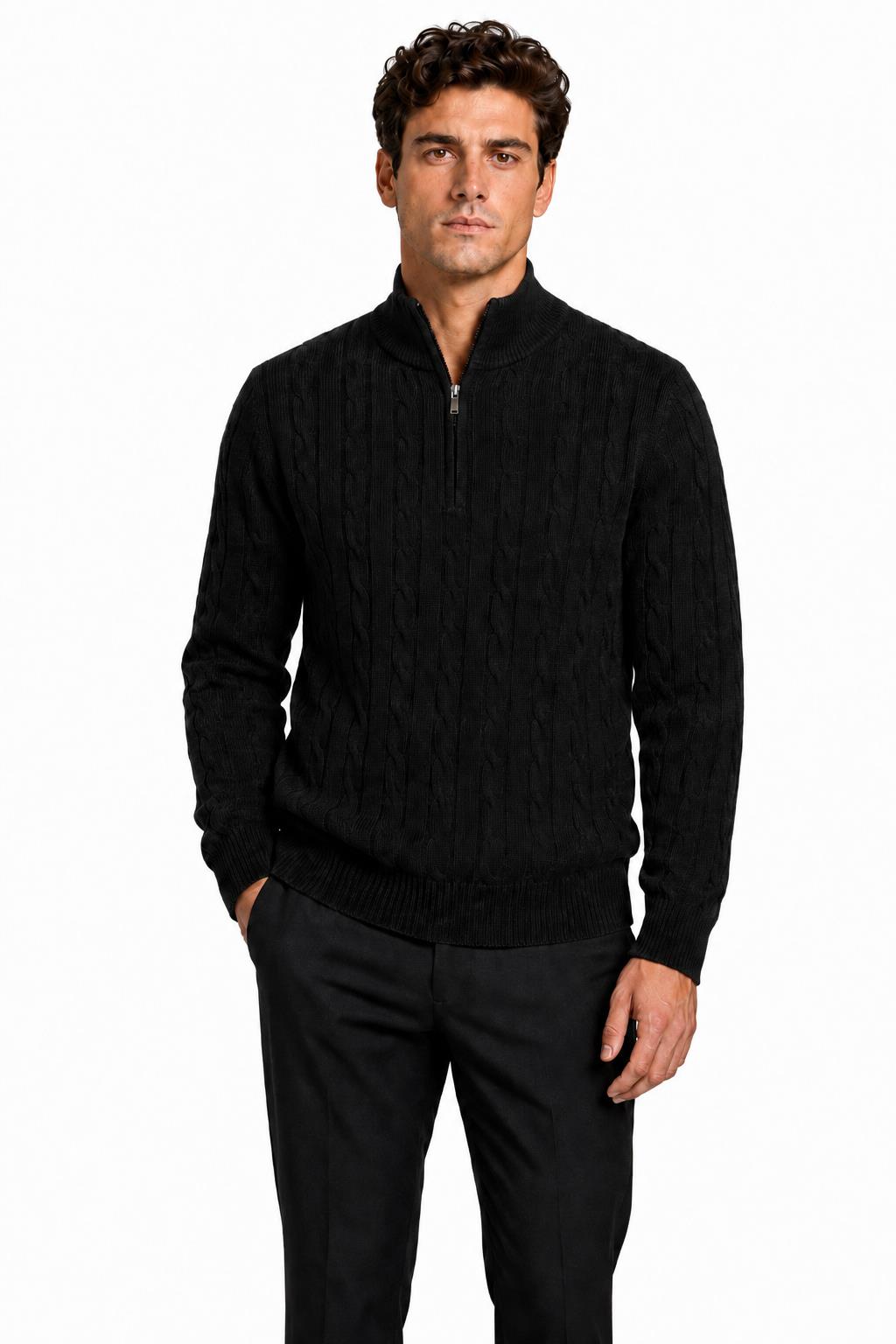 Men's Black 100% Cotton Fine Cable Knit Quarter Zip Neck Jumper CAVANI
