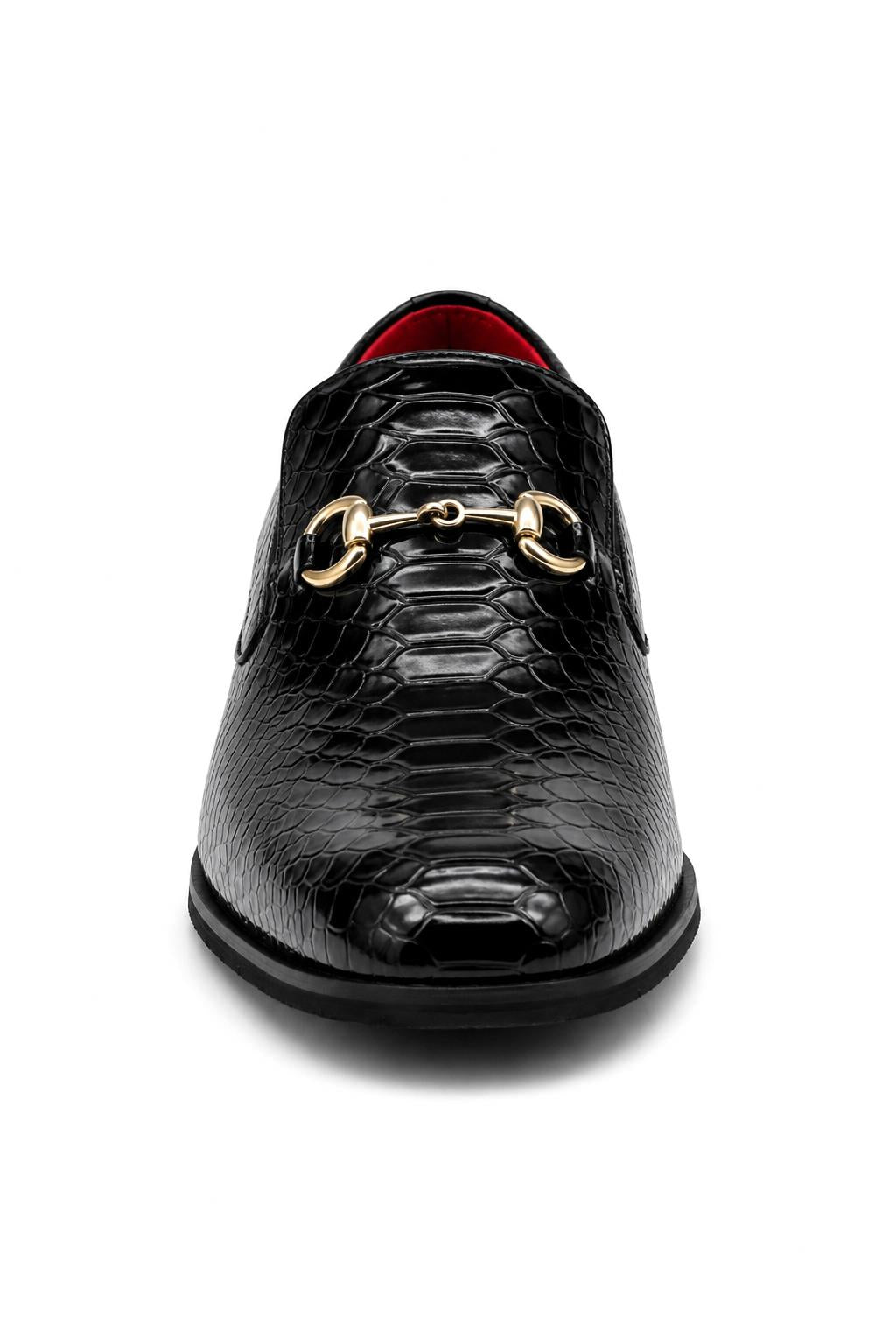 Men’s Black Patent Slip-On Loafers with Gold Snaffle Buckle Sartorial Shoes