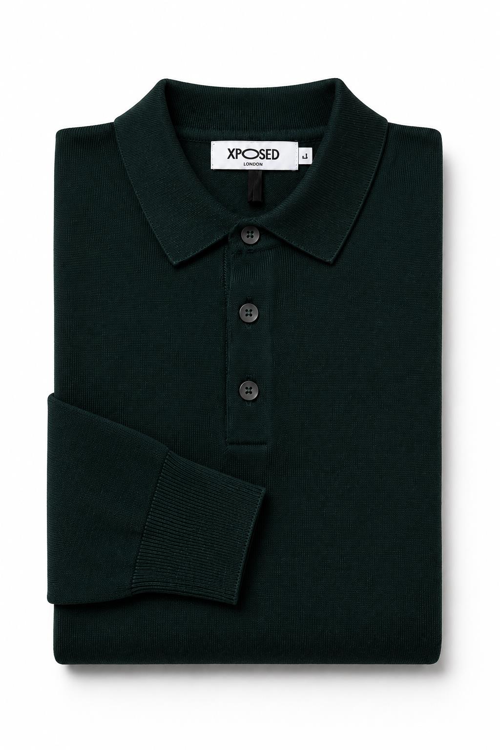Men's Green 100% Cotton Fine Knit Button Neck Polo Jumper CAVANI
