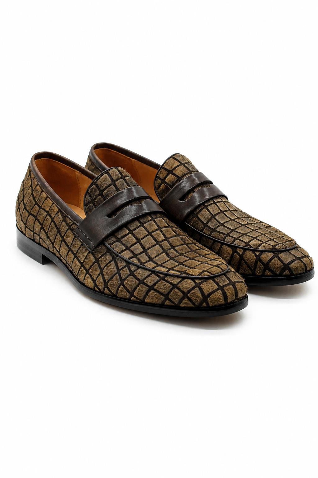 GINO Men’s Brown Patterned Horse Hair Leather Penny Loafers Sartorial Shoes