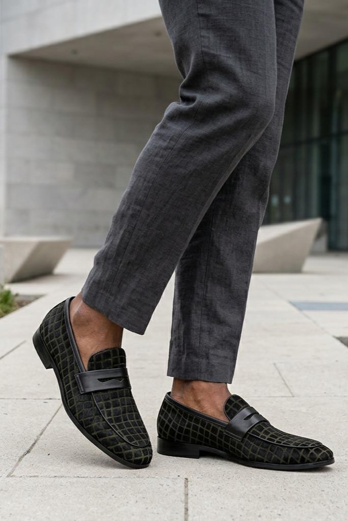 GINO Men’s Black Patterned Horsehair Leather Penny Loafers Sartorial Shoes