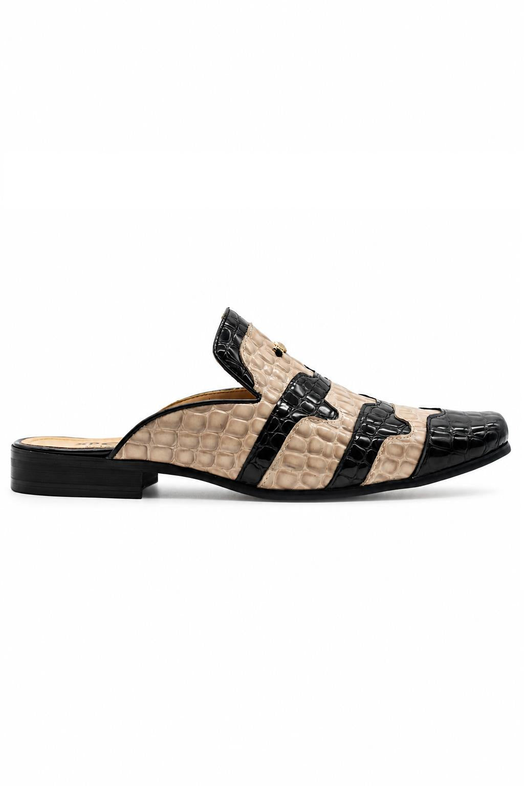 Men’s Black & Beige Shiny Patent Print Half Shoes Sartorial Shoes