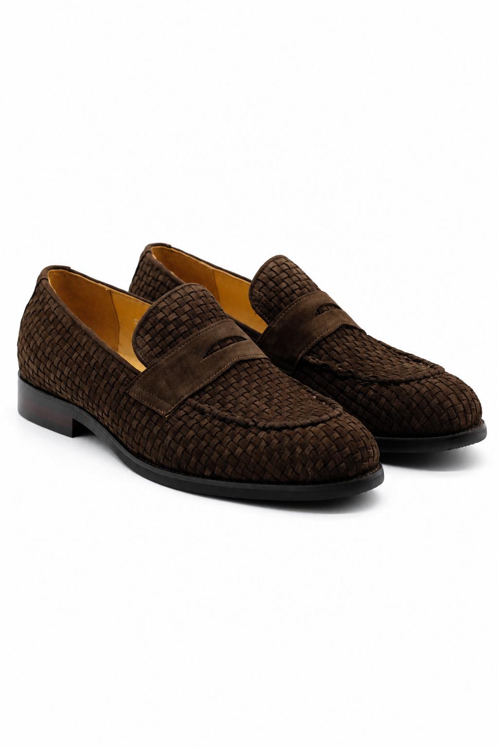 BRIO Men’s Brown Woven Suede Leather Penny Loafers Sartorial Shoes